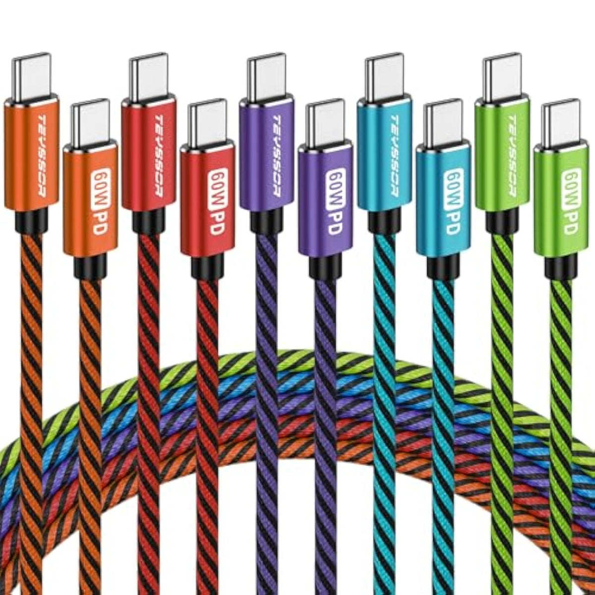 10Ft 5-Pack Usb C To Usb C Cables, 60W Fast Charging, Compatible With Samsung S23/S22/S21, Macbook, Google Pixel, Smartphone, Tablet, Laptop