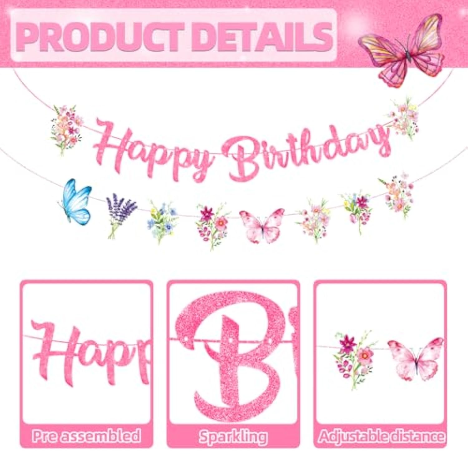 Glitter Floral Happy Birthday Banner With Butterfly And Wildflower Design, Elegant Pastel Hanging Sign Garland For Women, Girls, Birthday, Baby Shower, Spring Party Decorations