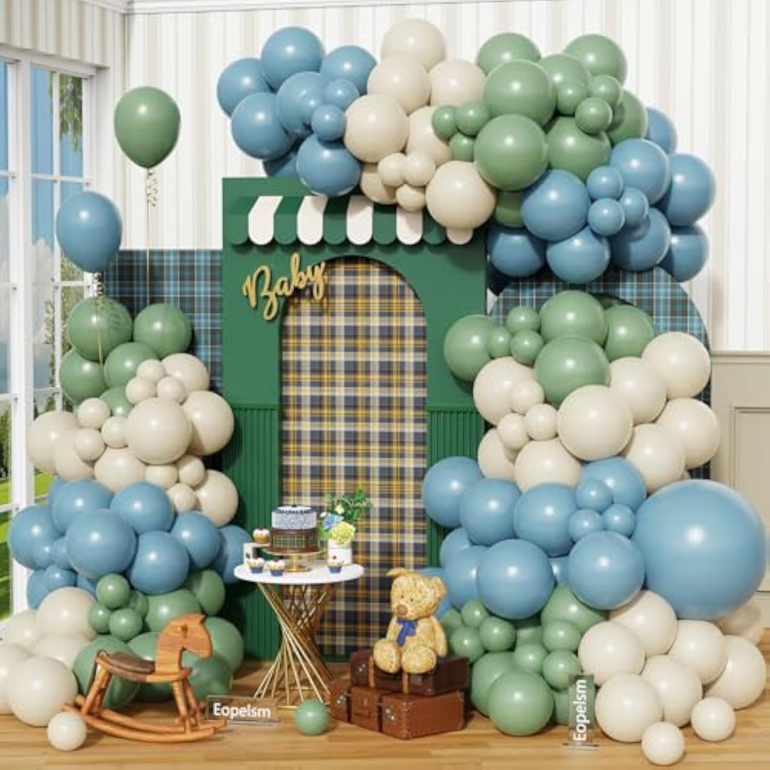 Sage Green And Dusty Blue Balloon Garland 146Pcs Blue Green Sand White Balloons Arch Kit For Jungle Bear Theme Birthday Baby Shower Party Decorations