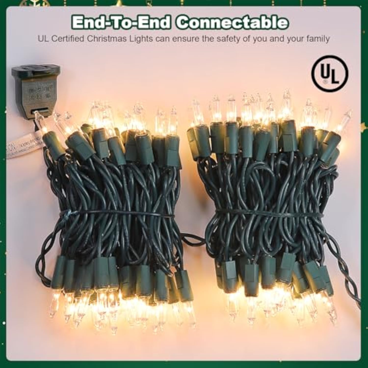 Christmas Lights 50 Count Clear Mini Lights Green Wire Ul Certified Connectable Warm White String Lights For Christmas D