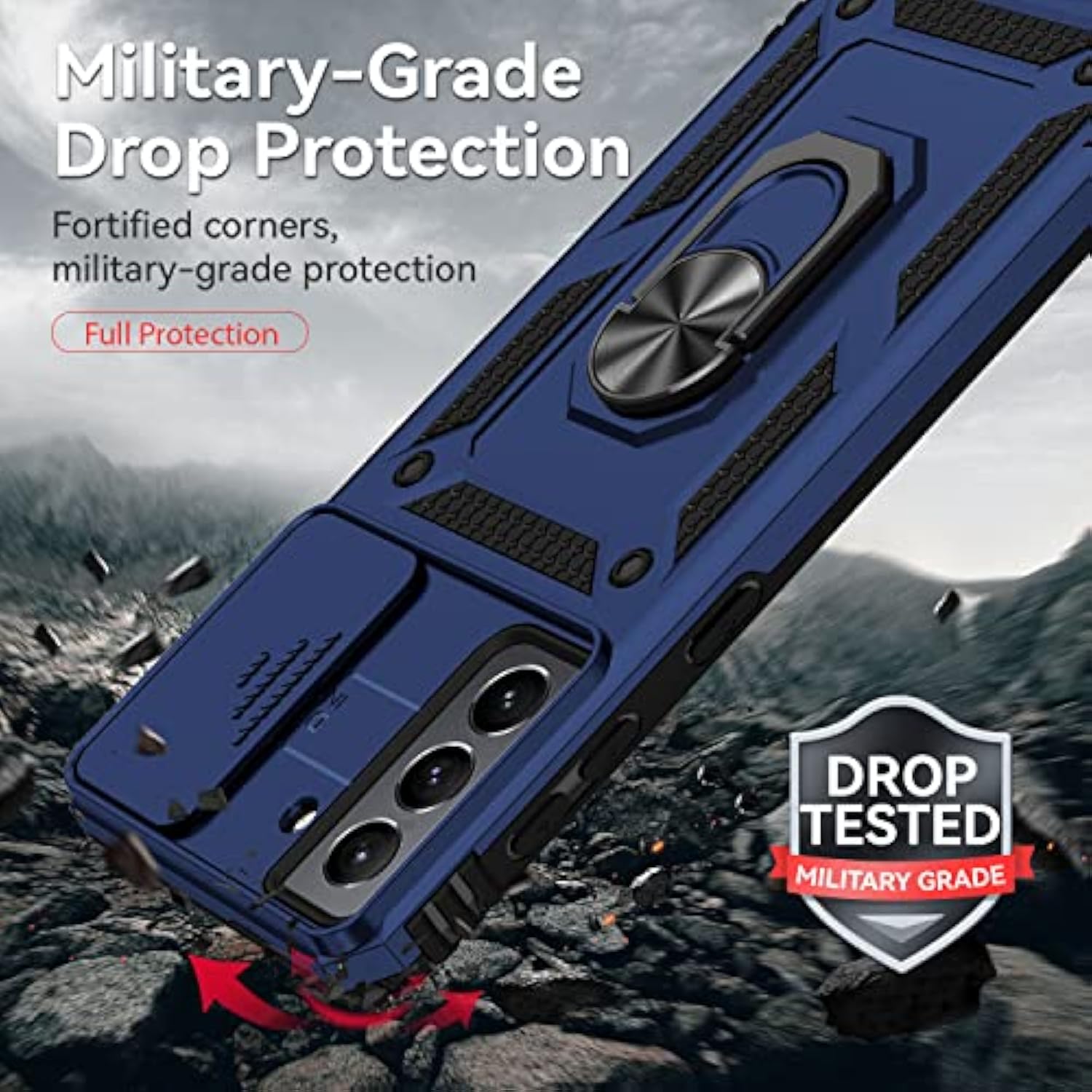 For Samsung Galaxy S21 Fe 5G Case With Camera Lens Cover Hd Screen Protector, Military-Grade Drop Tested Magnetic Ring Holder Kickstand Protective Phone Case For Samsung Galaxy S21 Fe 5G (Navy Blue)