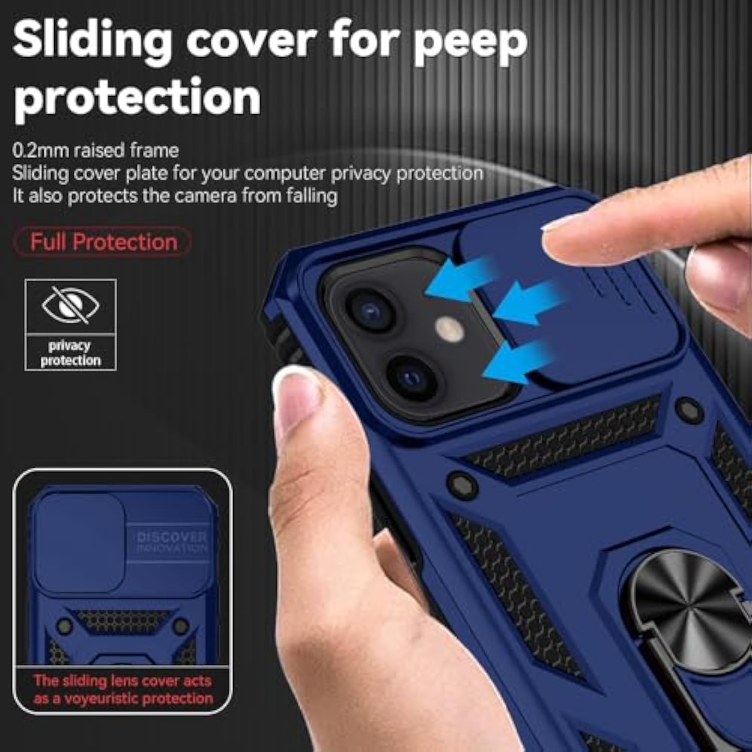 Navy Blue iPhone 12 Mini Case with Slide Lens Cover and Rotated Ring Holder Kickstand
