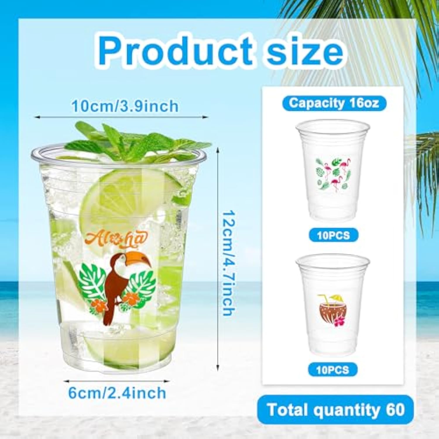 60 Pcs Luau Party Cups 16 Oz Clear Plastic Tropical Hawaiian Cup Disposable Hawaii Flamingo Pineapple Drinking Cups For Summer Beach Hawaiian Luau Drinkware Party Supplies