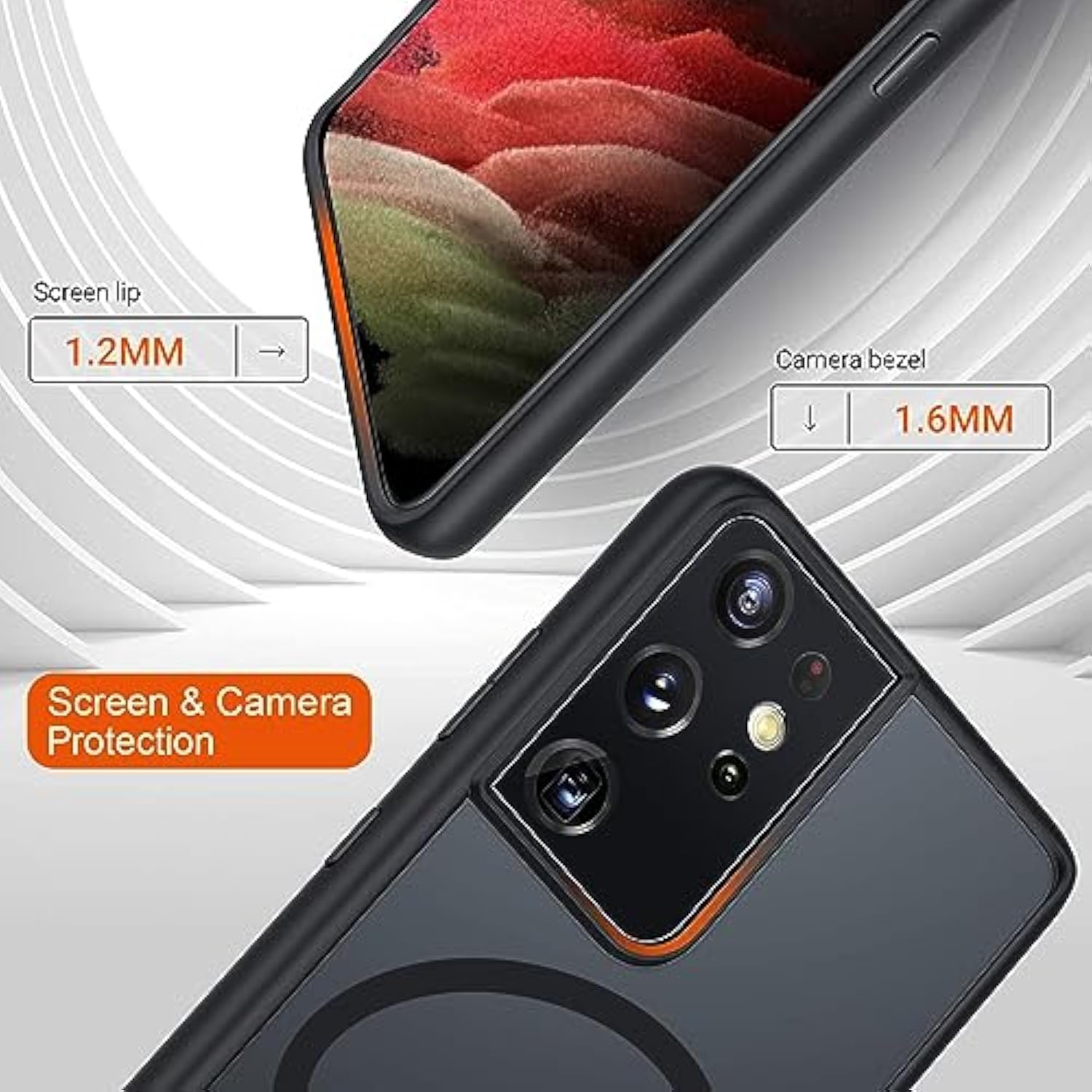 For Samsung Galaxy S21 Ultra Mag Safe Case,Slim Shockproof Protective Cover With Magnetic,Frosted Hard Back Soft Silicone Tpu Bumper Phone Case Compatible Galaxy S21 Ultra 6.8Inch,Matte Black