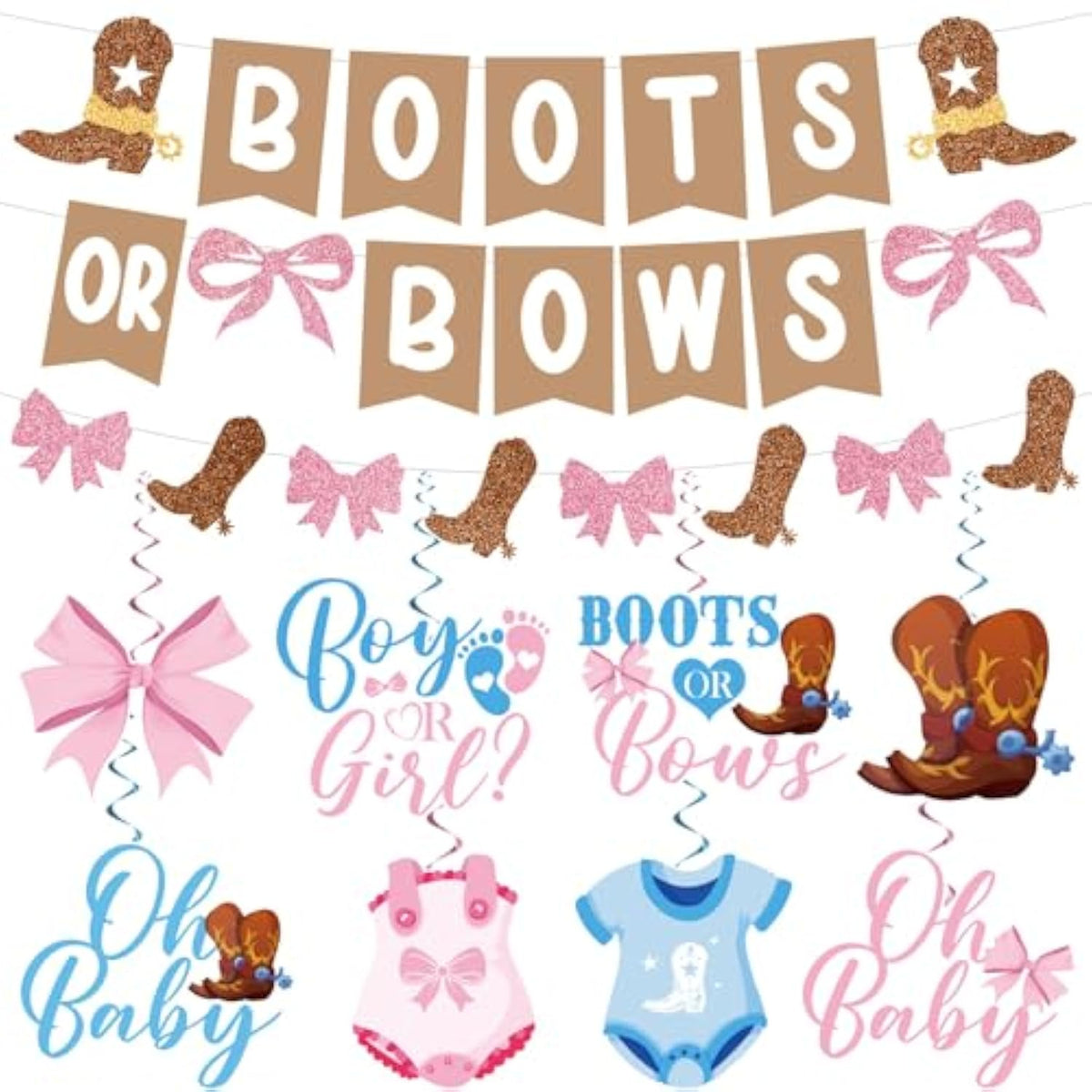 Boots Or Bows Gender Reveal Decorations, Pre-Assembled Brown And Pink Boots Or Bows Banner, Western Cowboy Or Cowgirl Gender Reveal Decorations Supplies