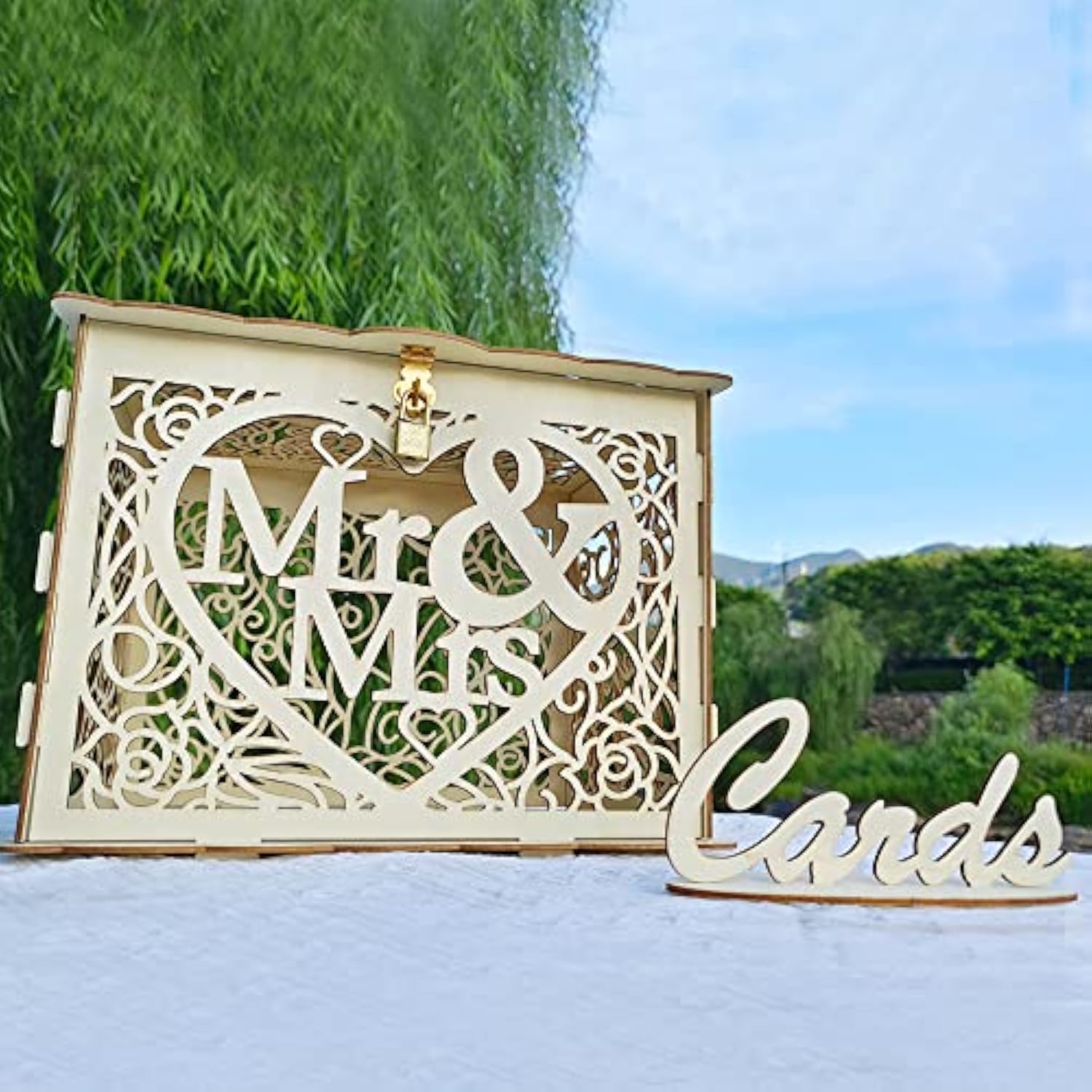 Wedding Card Box With Lock And Card Sign, Wooden Gift Card Box Money Box For Reception Wedding Anniversary Baby Shower Birthday Graduation Party Decorations(Mr & Mrs)