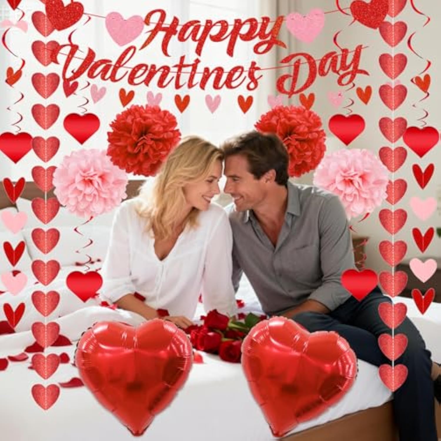 119Pcs Valentines Day Decorations Set, Office Hanging Heart Swirls, Red Heart Love Balloons, Banners, Paper Balls, Strings, Rose Petals For Romantic Special Night Home