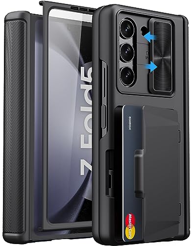for  Galaxy Z Fold 5 Case with Card Holder & Slide Camera Cover, Built-in Screen Protector & Hinge Protection, Shockproof Durable Wallet Phone