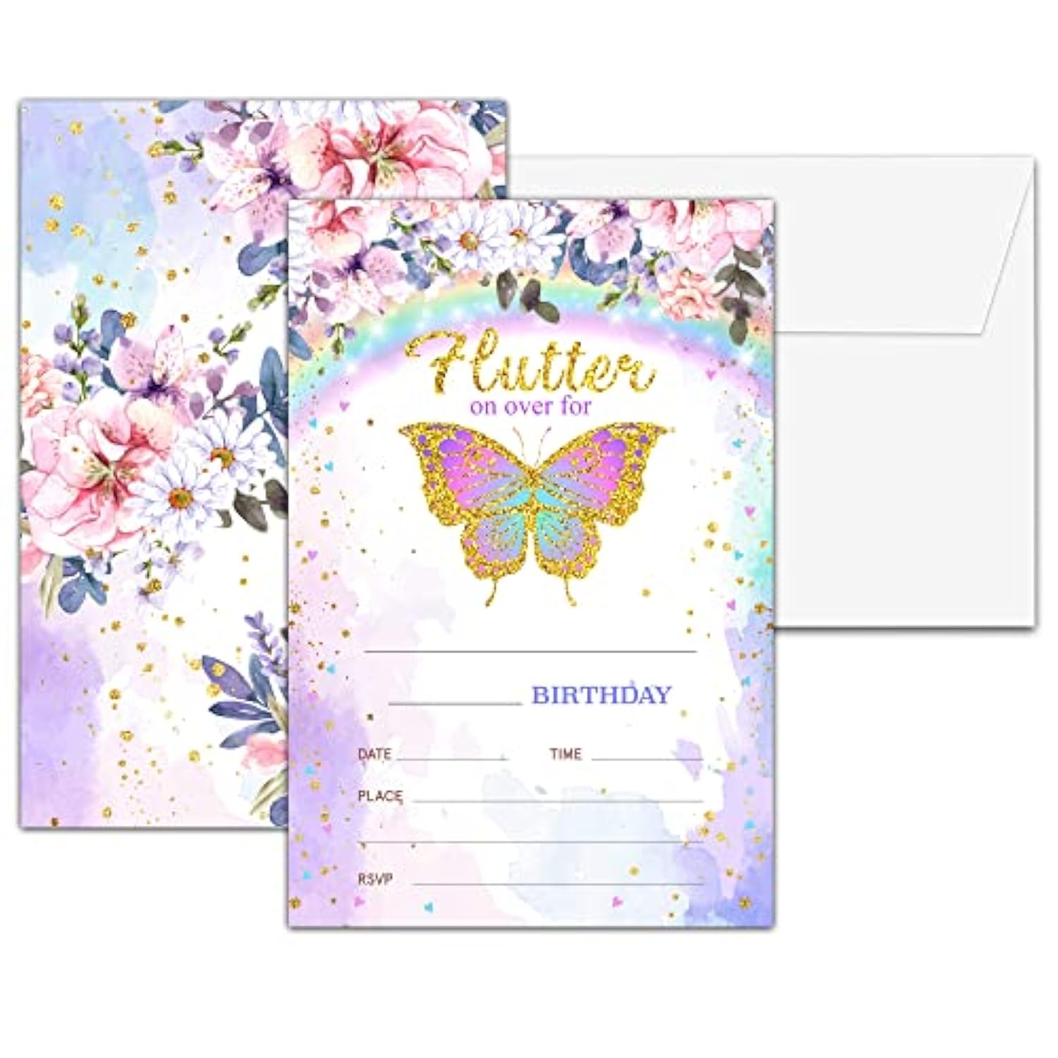 Floral Butterfly Birthday Invitations, Double-Sided Fill In Invitations, Party Favors Decorations Supplies - 20 Cards With 20 Envelopes