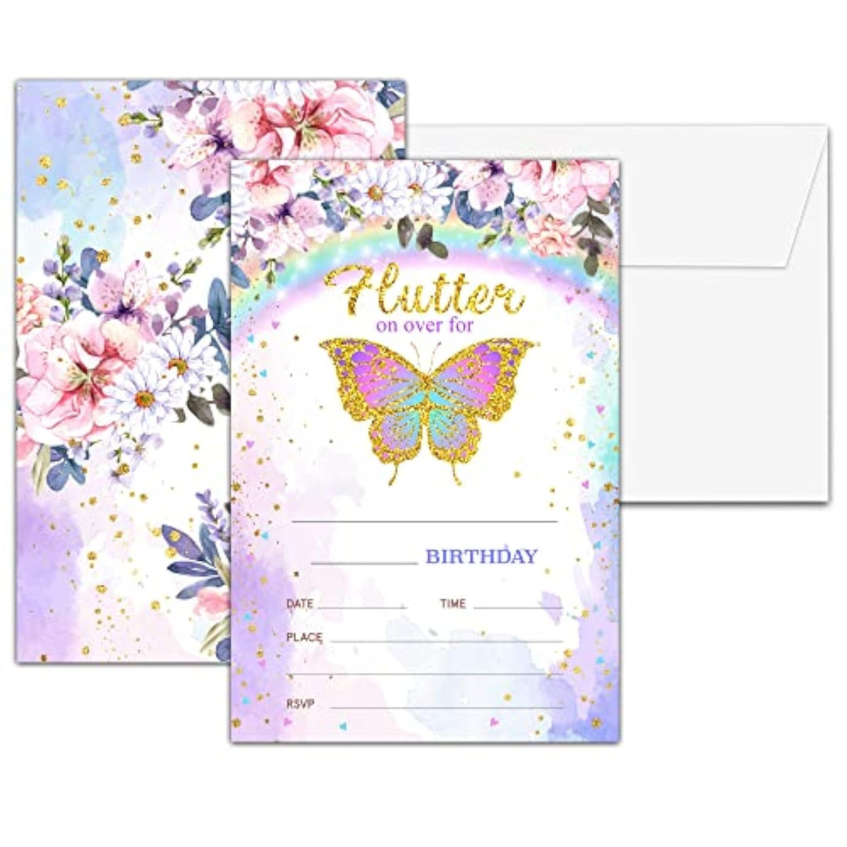 Floral Butterfly Birthday Invitations, Double-Sided Fill In Invitations, Party Favors Decorations Supplies - 20 Cards With 20 Envelopes