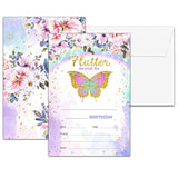 Floral Butterfly Birthday Invitations, Double-Sided Fill In Invitations, Party Favors Decorations Supplies - 20 Cards With 20 Envelopes
