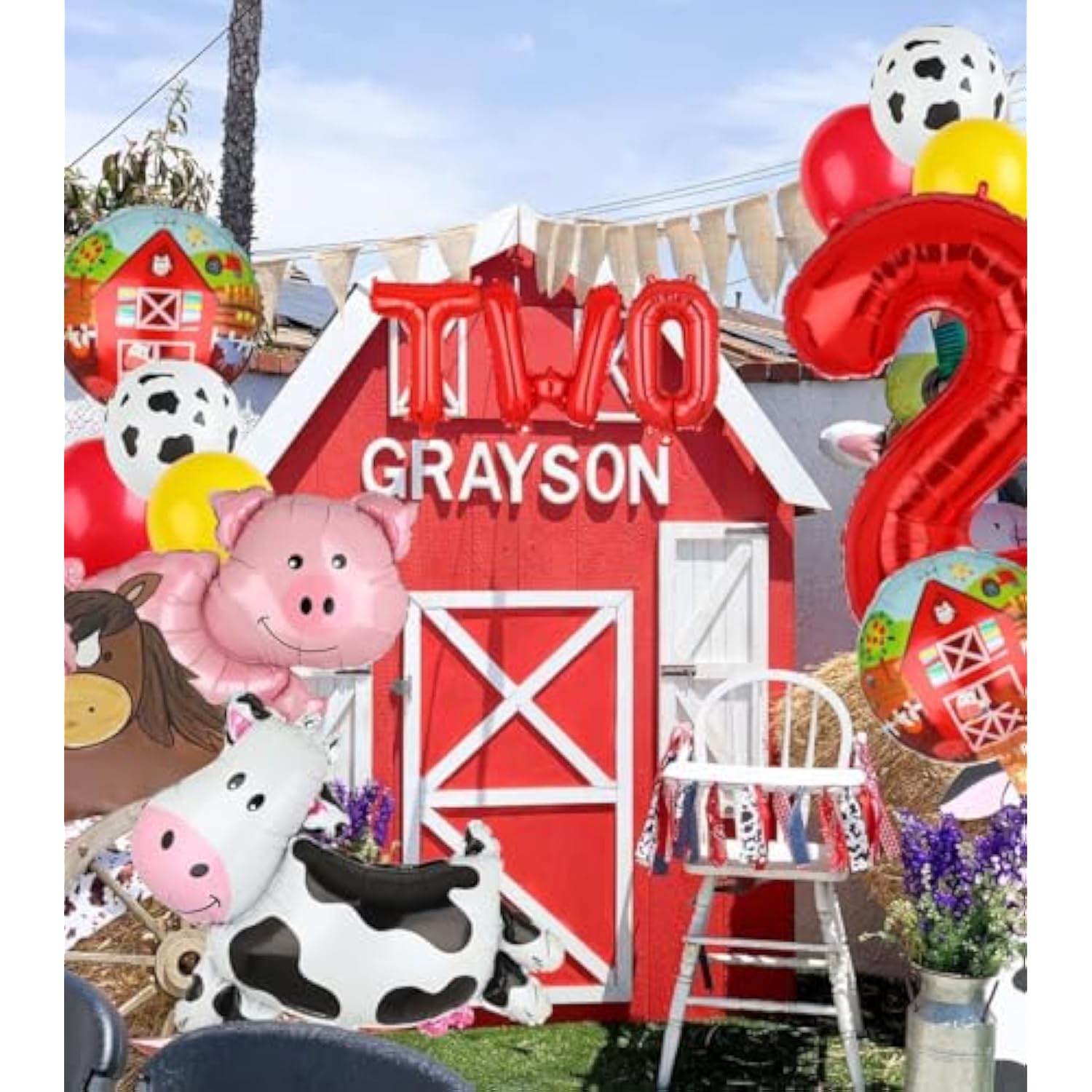 Farm Animal Theme 2Nd Birthday Party Decor - 14 Pcs Walking Animal Balloons, Cow, Pig, Duck, Rooster, Large Number 2 Balloon, Two Letter Banner