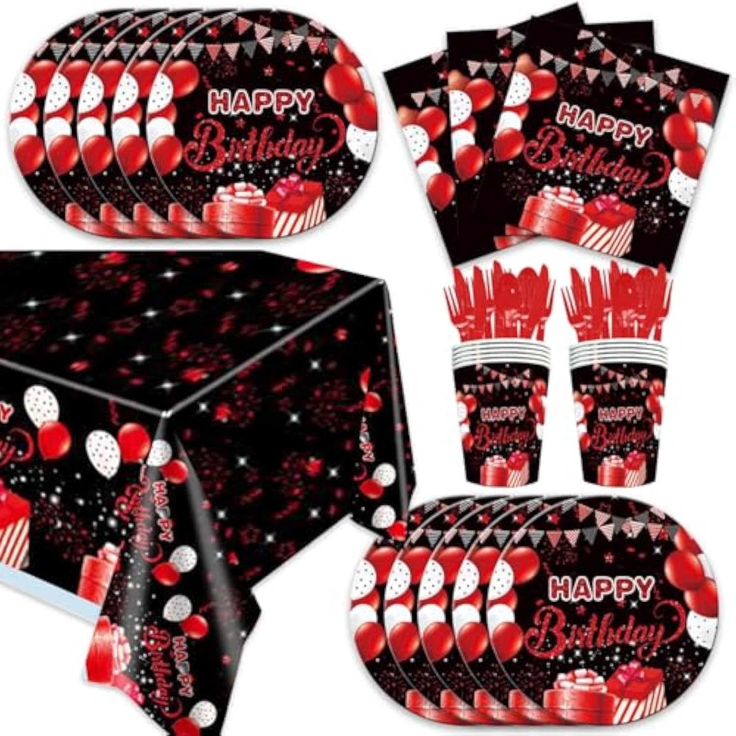 141Pcs Red And Black Happy Birthday Party Decorations For 20 Guests - Disposable Tableware Party Plates And Napkins Cups Forks For Baby Shower Red And Black Happy Birthday Party Supplies