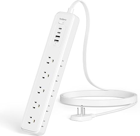 15 Outlet Surge Protector Power Strip 4 USB Ports USB C 5FT Cord Flat Plug White