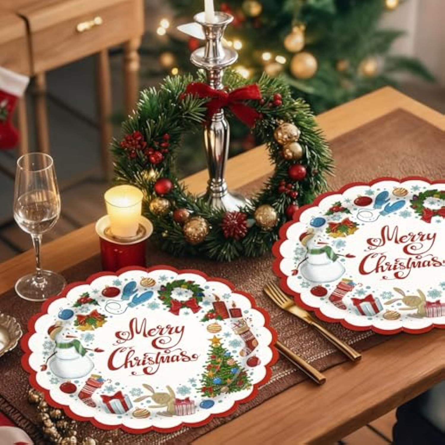 50 Count Christmas Paper Plates - 7 Inch Disposable Winter Holiday Party Plates Snowman Snowflake Dessert Plates Merry Christmas Party Decoration