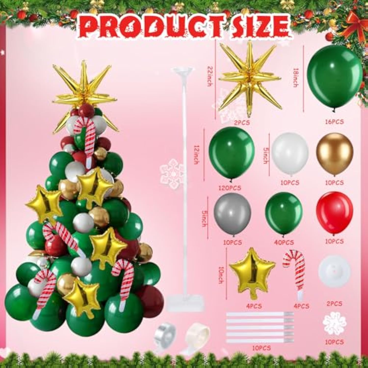 2 Christmas Tree Balloon Stand Kits with Candy Foil Balloons and Gold Star Decor