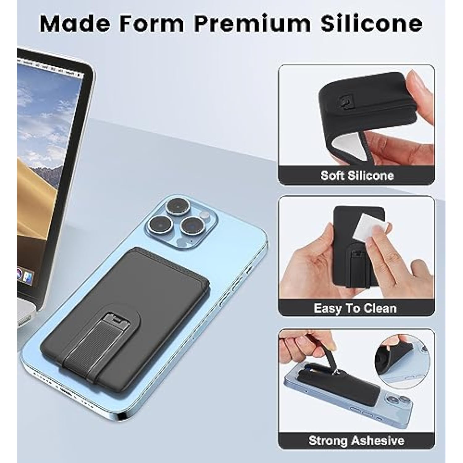 Ultra Slim Silicone Phone Wallet with Stand, Sticky Card Holder - Black