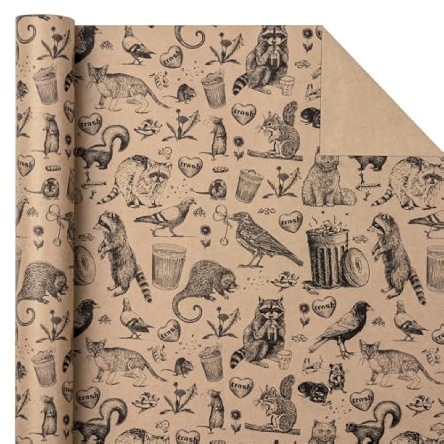 Kraft Animal Wrapping Paper Roll - Mini Roll - 17 Inch X 16.5 Feet - Vintage Funny Trash Friends Opossum Rat Crow Cat Skunk Mouse Design Perfect For Birthday, Party, Holiday