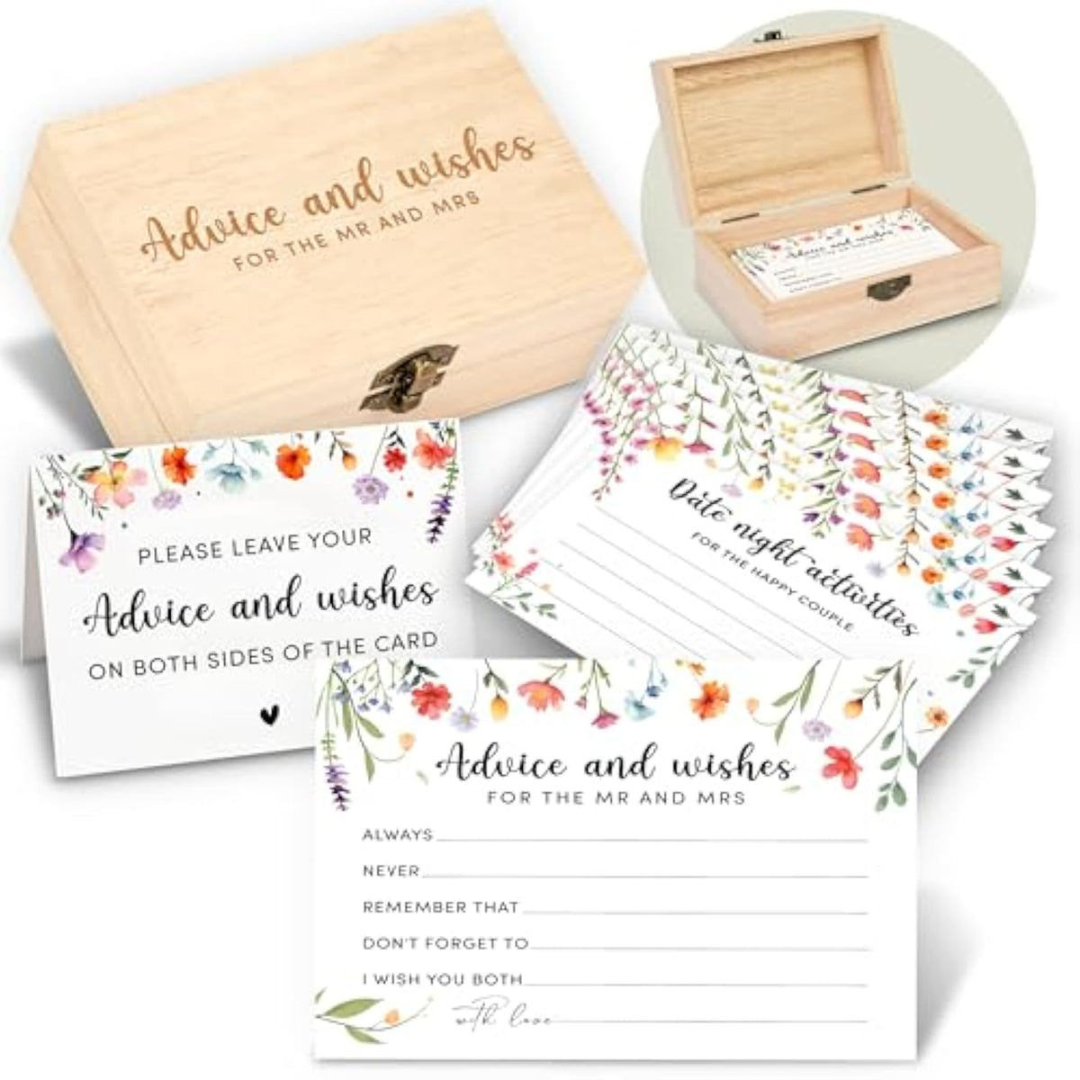 Advice And Wishes For The Mr And Mrs - 50 Pcs Flower Wedding Advice Cards Box, Floral Bridal Shower Games Advice And Wishes Cards For Bride And Groom, Wildflower Bridal Shower Decorations
