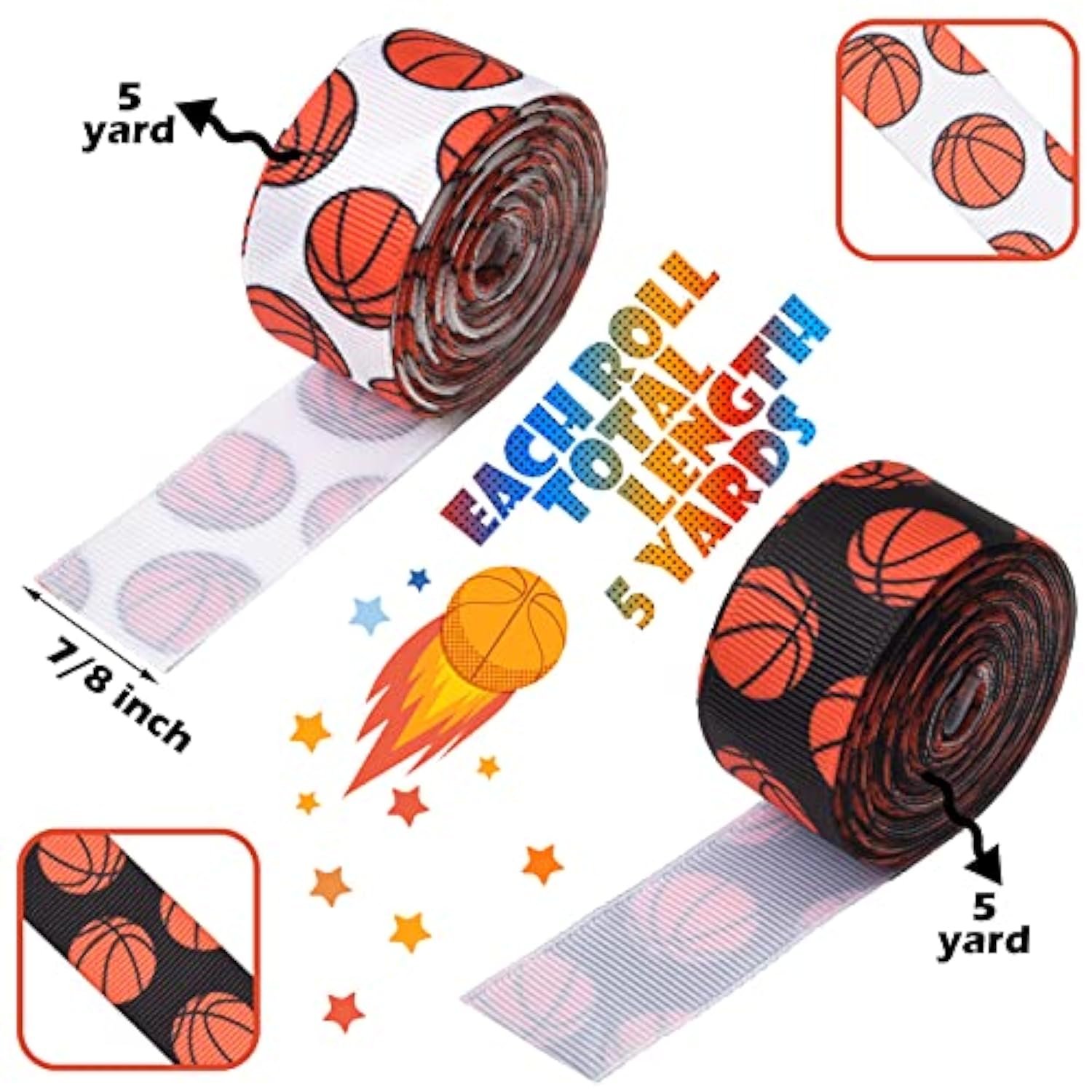 2 Rolls 10 Yards 7/8 Inches Wide Basketball Softball Ribbon For Crafts