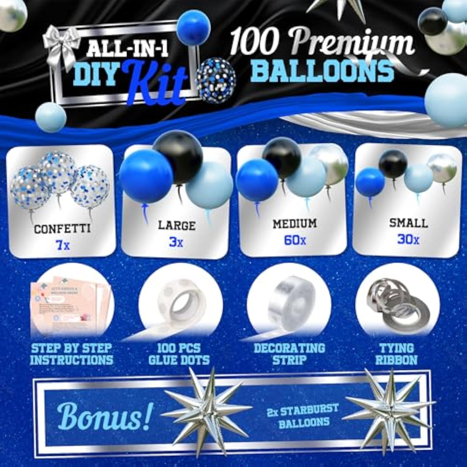 All-in-One Blue & Black Balloon Arch Kit – Navy, Royal, Silver Balloons for Party Decor
