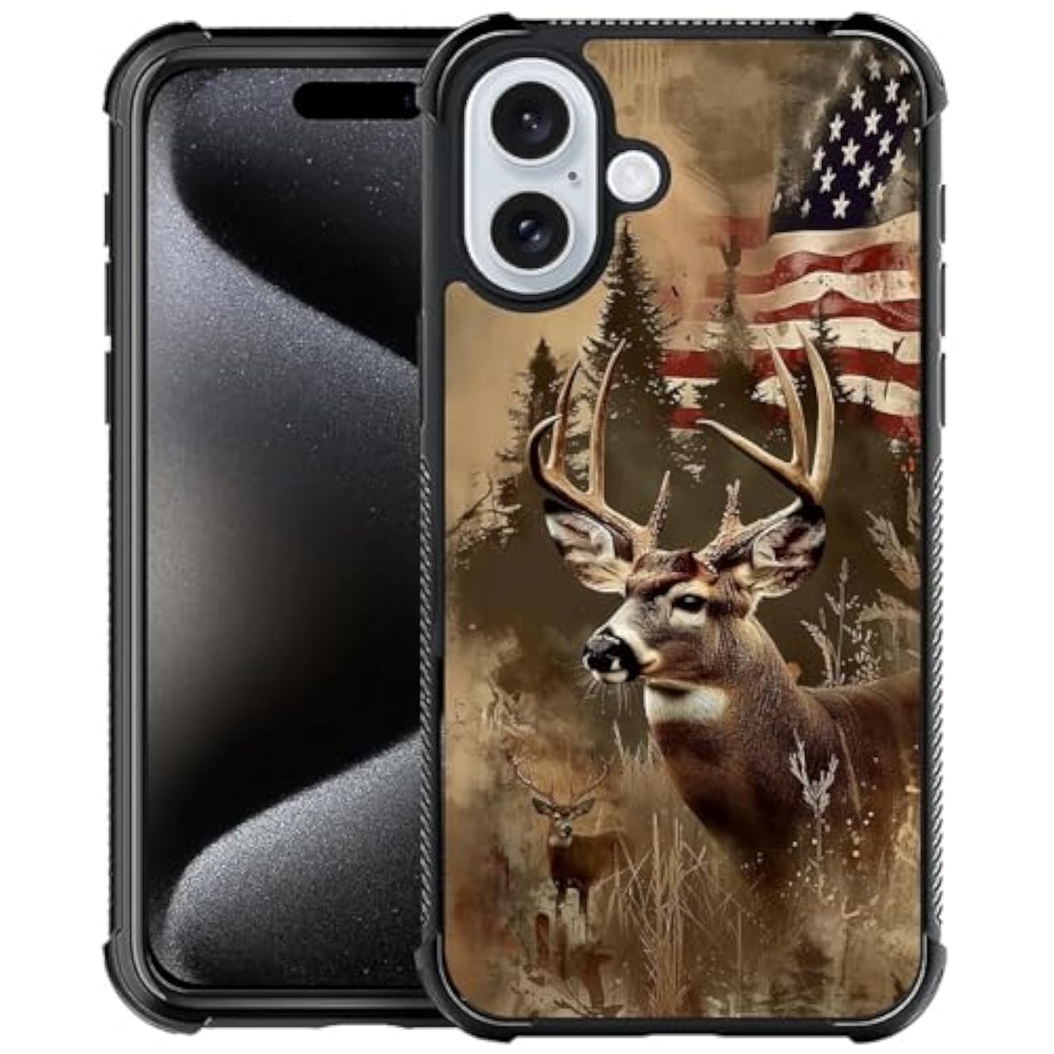 Phone Case Compatible With Iphone 16 - Wireless Charging Compatible,S Hunting Deer Forest Usa Flag Tpu Bumper And Hard Pc Pattern Back Case
