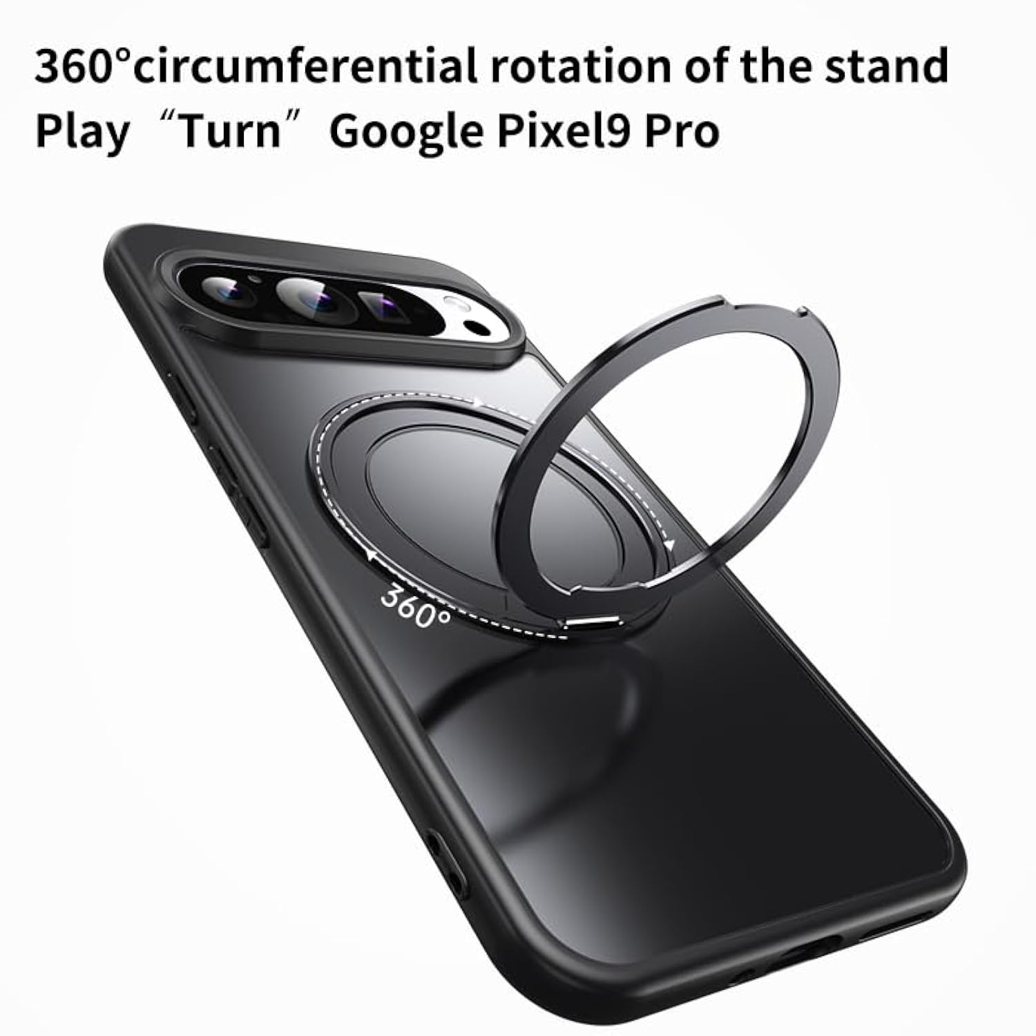Pixel 9 Pro XL Clear Case, MagSafe, 360° Ring Kickstand, Transparent - Black