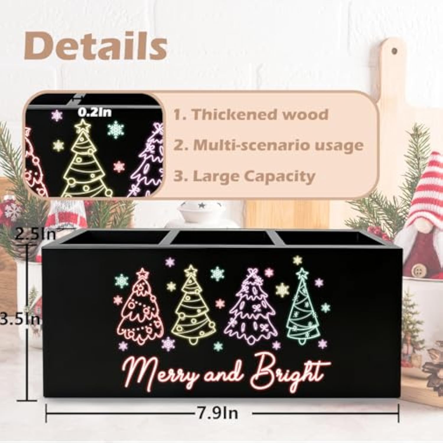Neon Christmas Tree Kitchen Utensil Holder, Merry And Bright Xmas Cooking Utensil Holder Wooden Storage Organizer Box For Kitchen Counter, Girly Christmas Decor