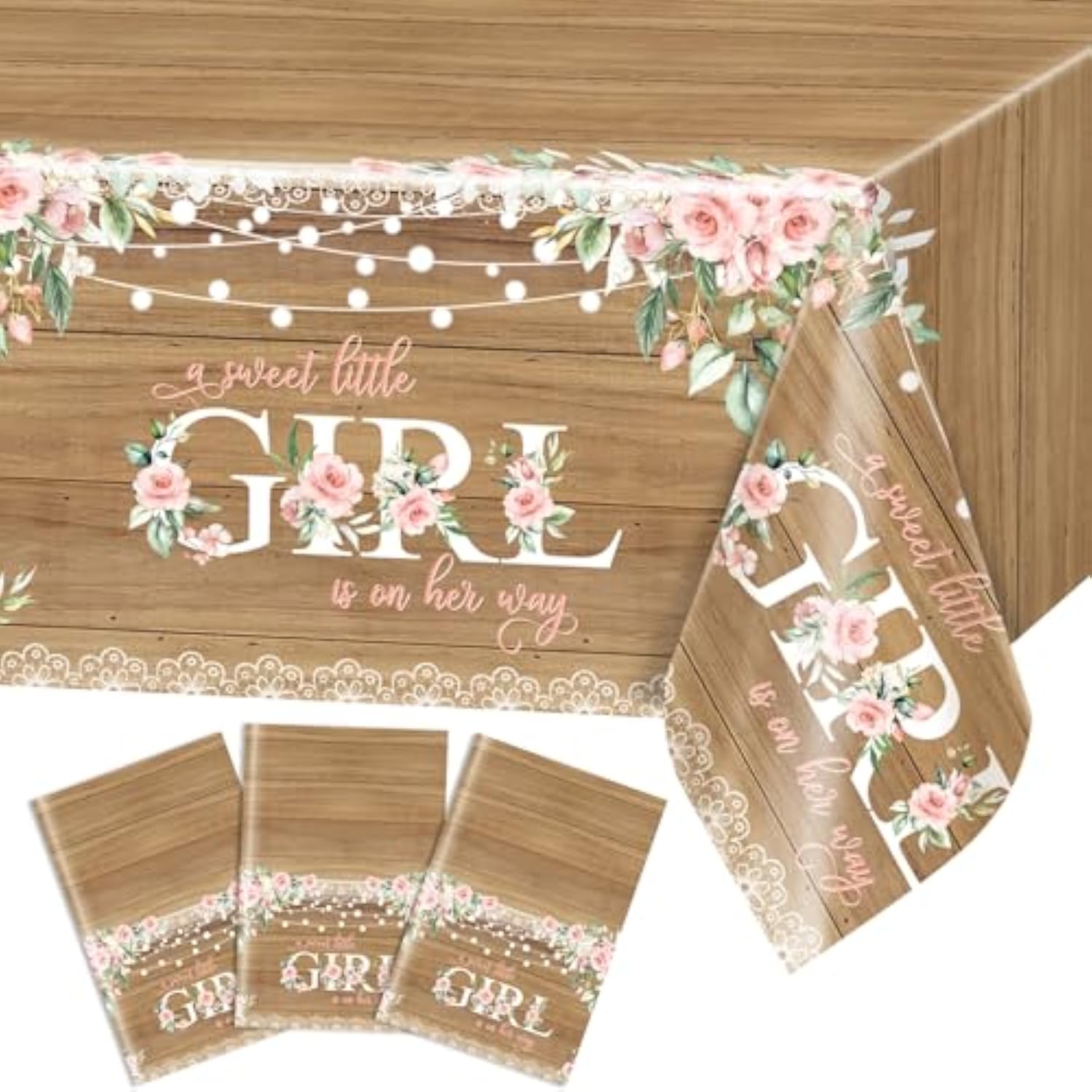 3Pcs Girl Baby Shower Tablecloth Rustic Girl Baby Shower Party Decorations Floral Sweet Tablecovers Decor Large Size, 108 X 54 Inches