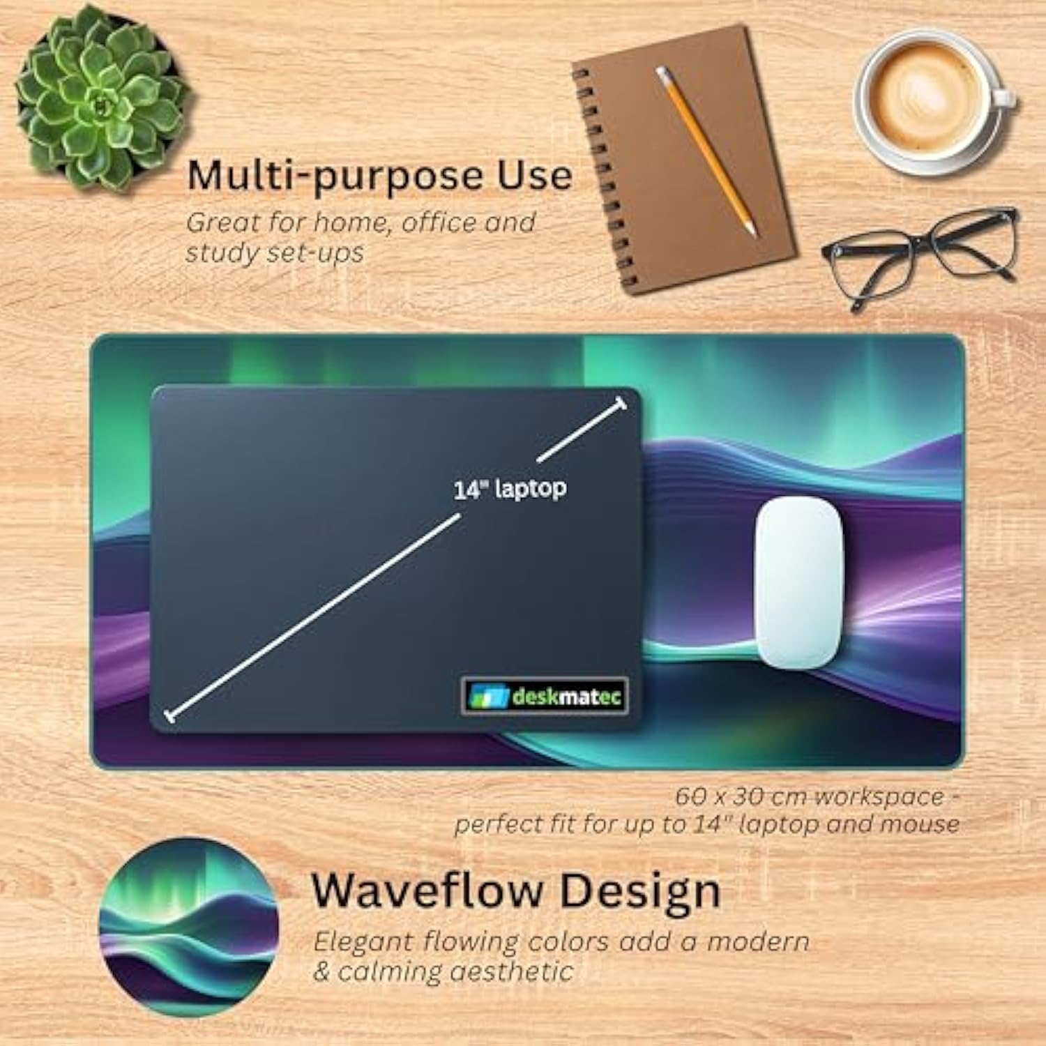 Mouse Pad, Aurora Waveflow Large Desk Mat (23.6 X 11.8 In)