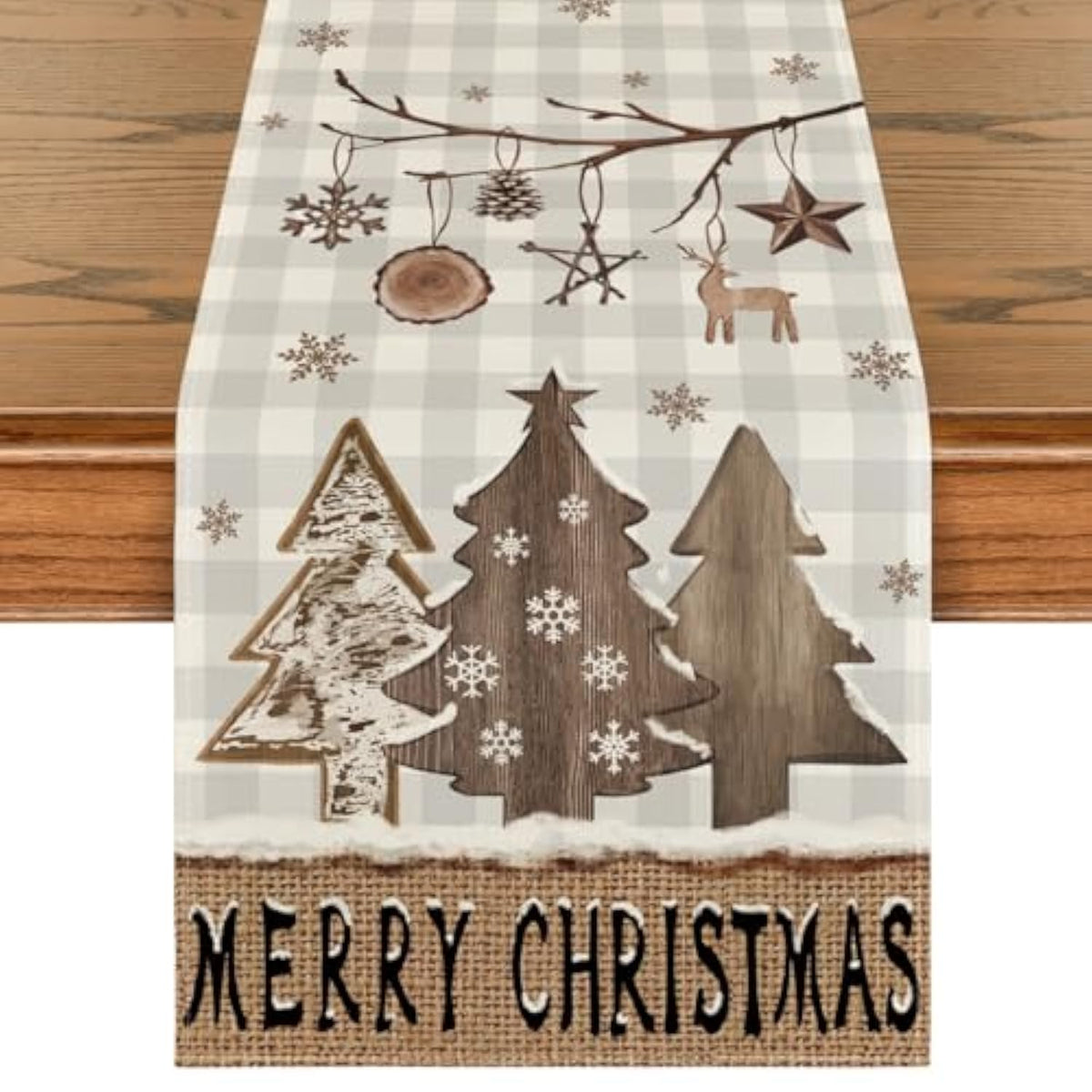 Buffalo Plaid Wood Xmas Trees Ornament Merry Christmas Table Runner, Seasonal Winter Kitchen Dining Table Decoration For Home Party Decor 13X60 Inch