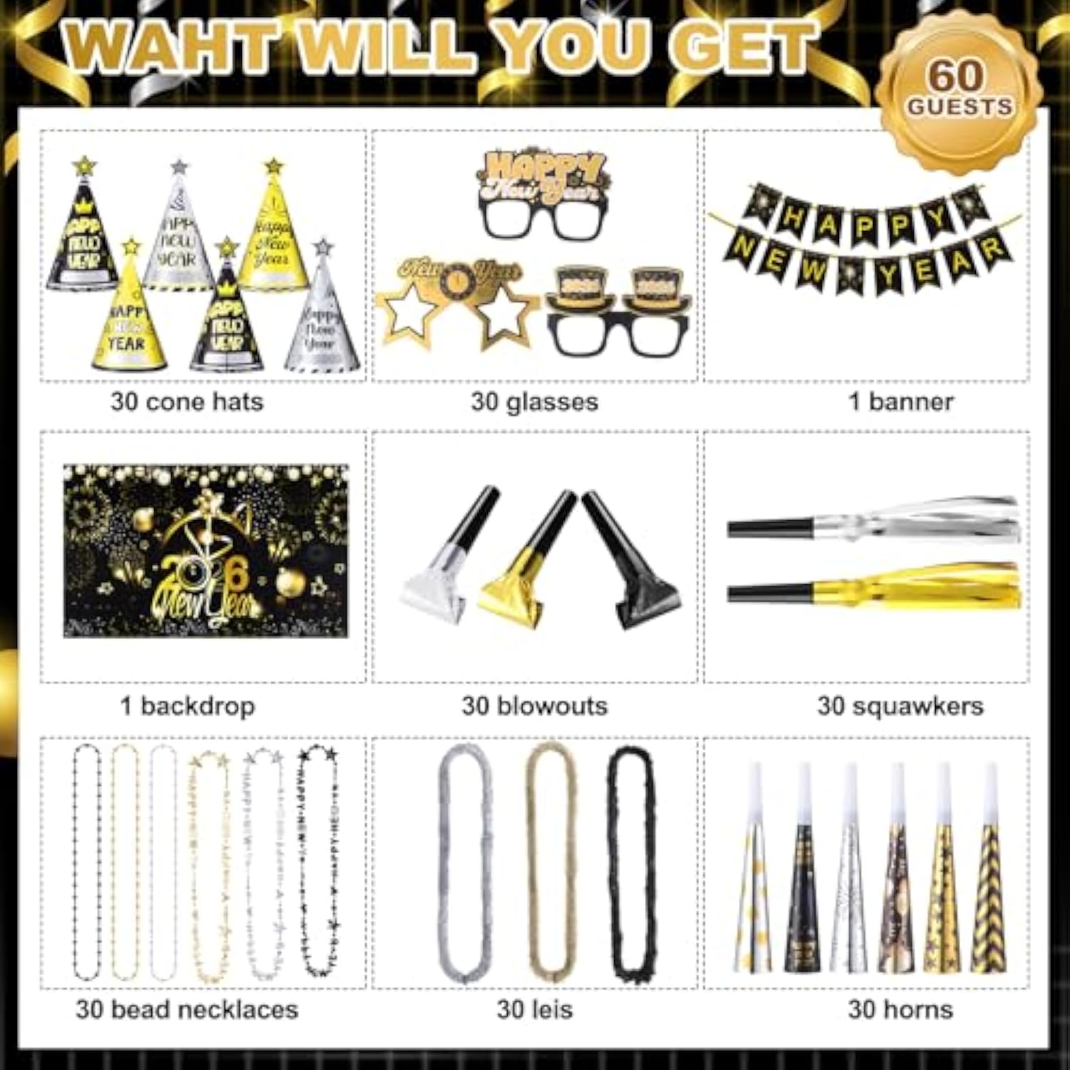 212pc New Year’s Eve 2026 Party Supplies Kit for 60 Guests Hats Glasses Favors