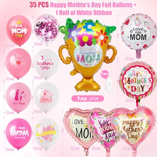 Happy Mothers Day Balloons, 35 PCS Mother's Day Trophy Heart Flower Foil Balloons, Premium Aluminum Foil Mothers Ballons for Mother's Party Birthday Decorations Supplies