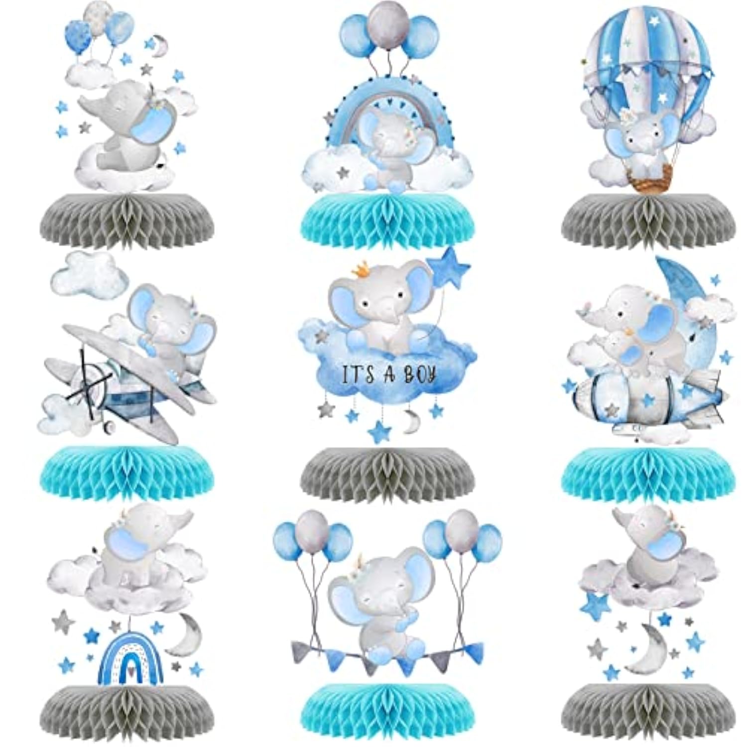 9 Pcs Elephant Baby Shower Honeycomb Centerpieces Party Decor For Boys,Cute Blue Elephant Honeycomb Balloons Star Moon Topper 3D Table Decoration For Kids Party Baby Shower Party Photo Props Supplies
