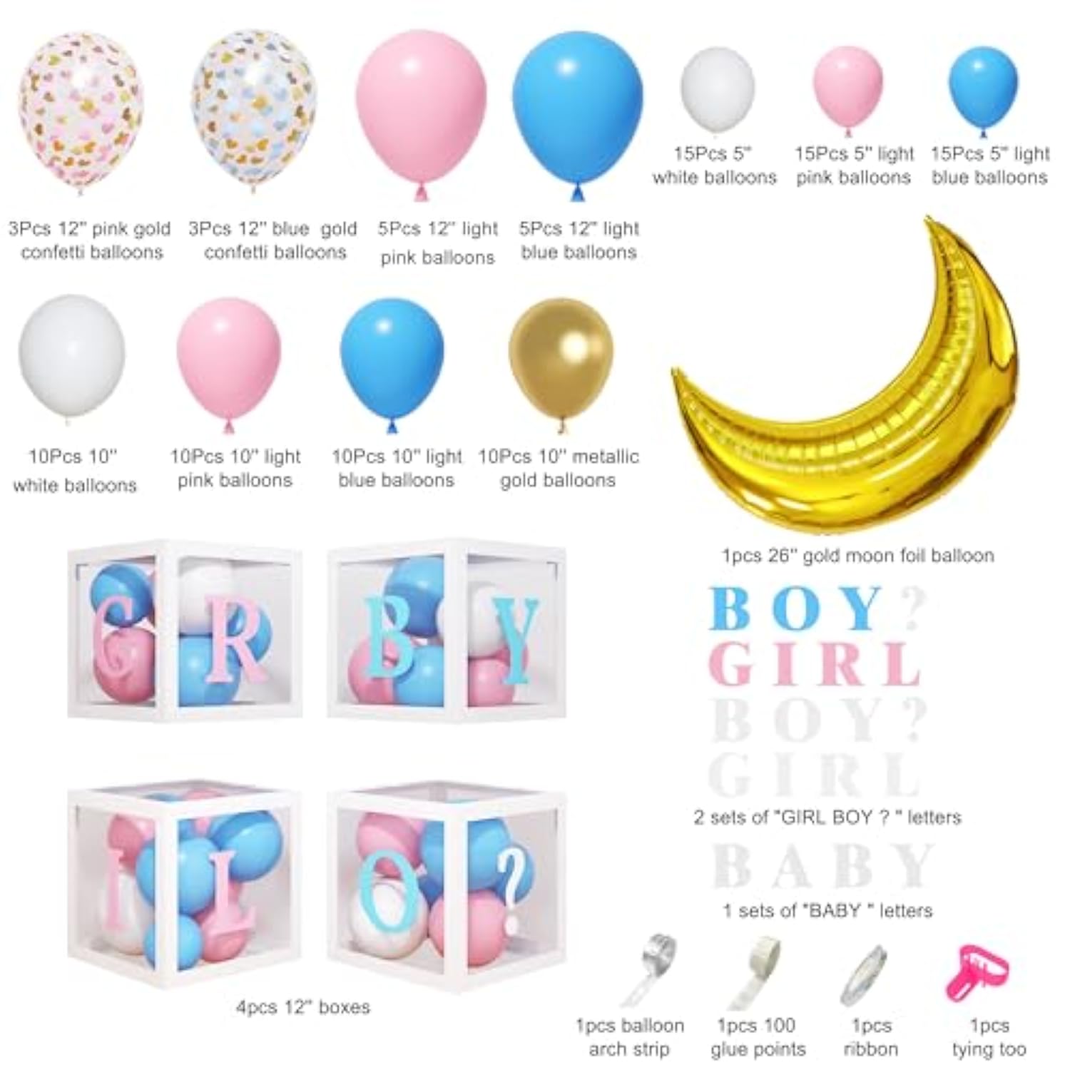 130Pcs Gender Reveal Balloon Decorations, Pink And Blue Balloon Arch Kit Baby Boxes With Letters(A-Z+Boy Girl) For Baby Shower Birthday He Or She Gender Reveal Party Supplies
