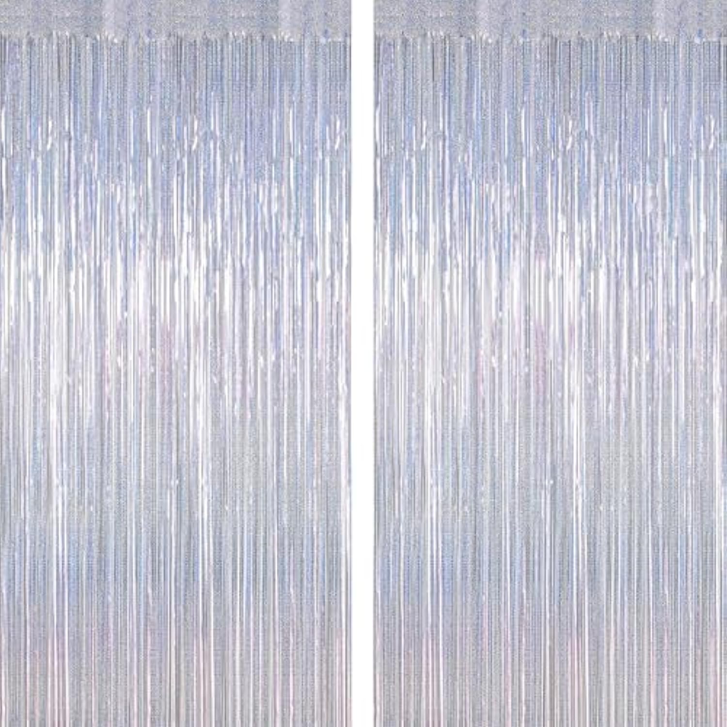 2 Pack Silver Metallic Tinsel Foil Curtains, 3.28 Ft X 7.05 Ft Glitter Silver Fringe Curtains, New Year Door Streamer Tinsel Backdrop Photo Booth For Nye Party Birthday Engagement Party Decorations