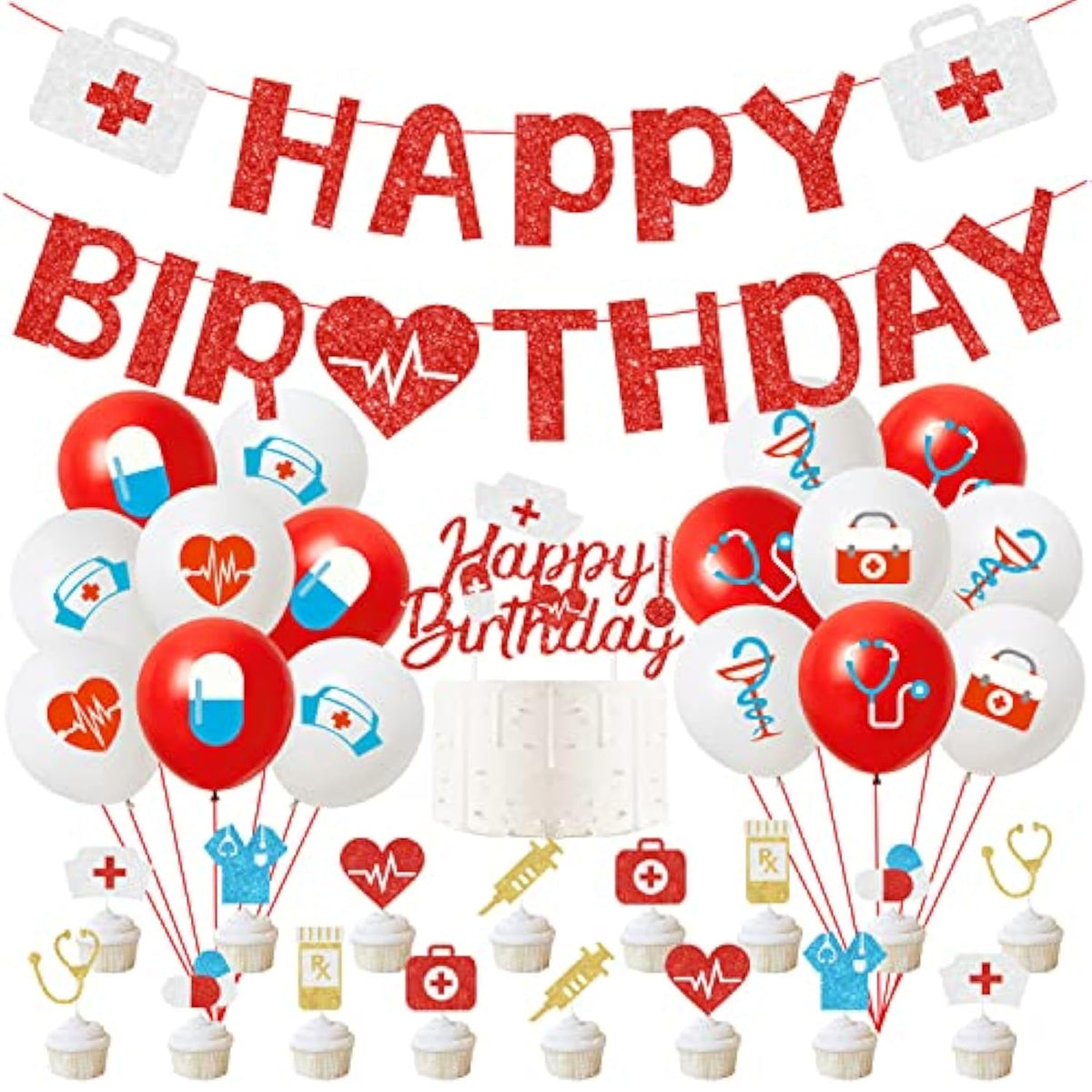 Nurses Theme Birthday Party Decorations, Nurses Week Party Decoration, Red Glitter Banner Cake Topper, Nursing Hat Printed Balloons Set, For Nurse Day Birthday Party Supplies