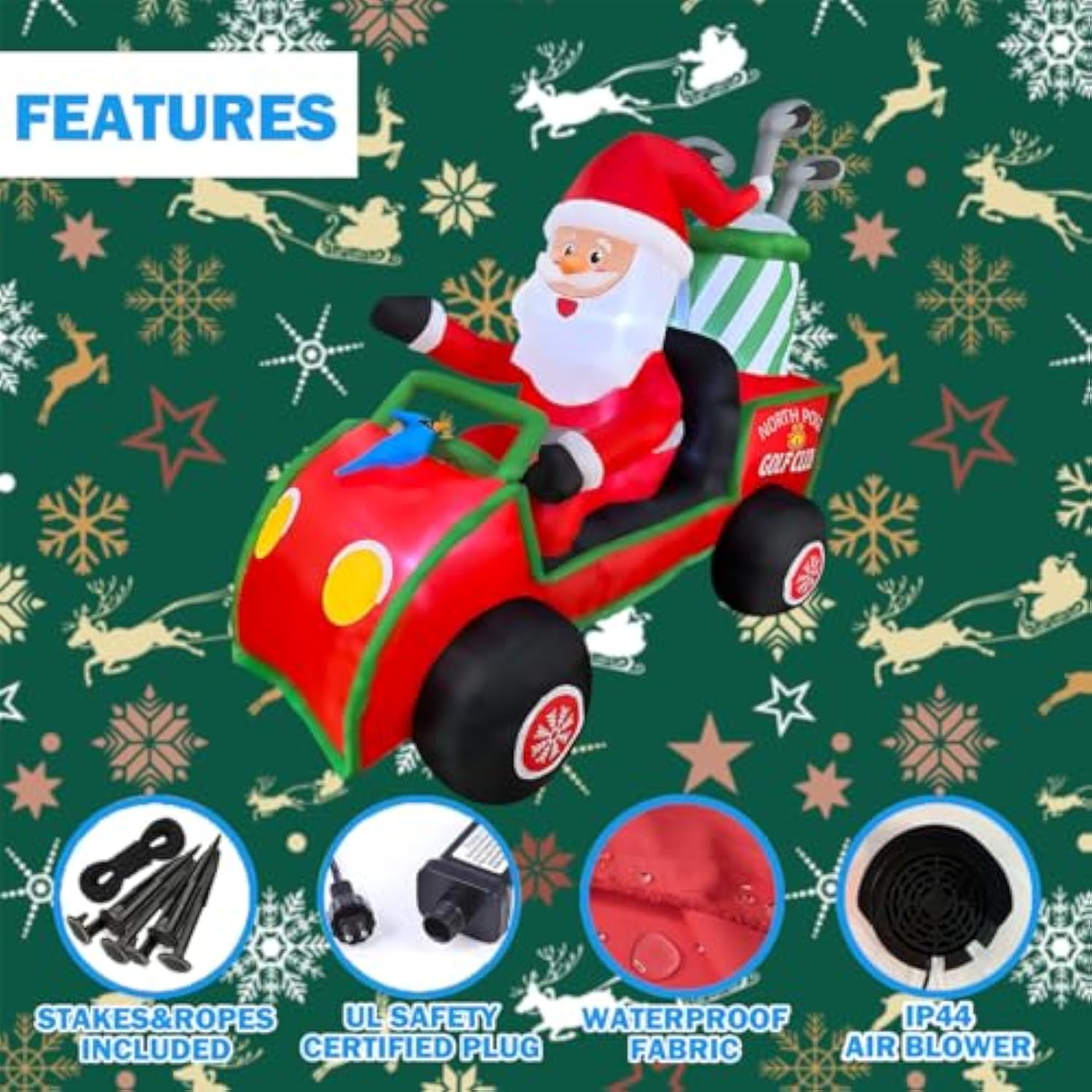 6Ft Length Inflatable Christmas Golf Cart With Santa Claus Decoration, Led Blow Up Lighted Decor Indoor Outdoor Holiday