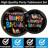 96PCS Colorful Black Birthday Tableware Set for 24 Guests, Plates, Napkins & Forks