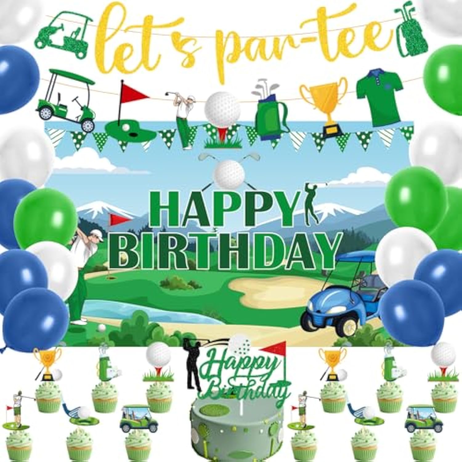 Golf Birthday Party Decorations - 34Pcs Golf Birthday Decorations, Lets Partee Banners Balloons Backdrop Cake Topper Cupcake Toppers, Sport Themed Party Decor Supplies