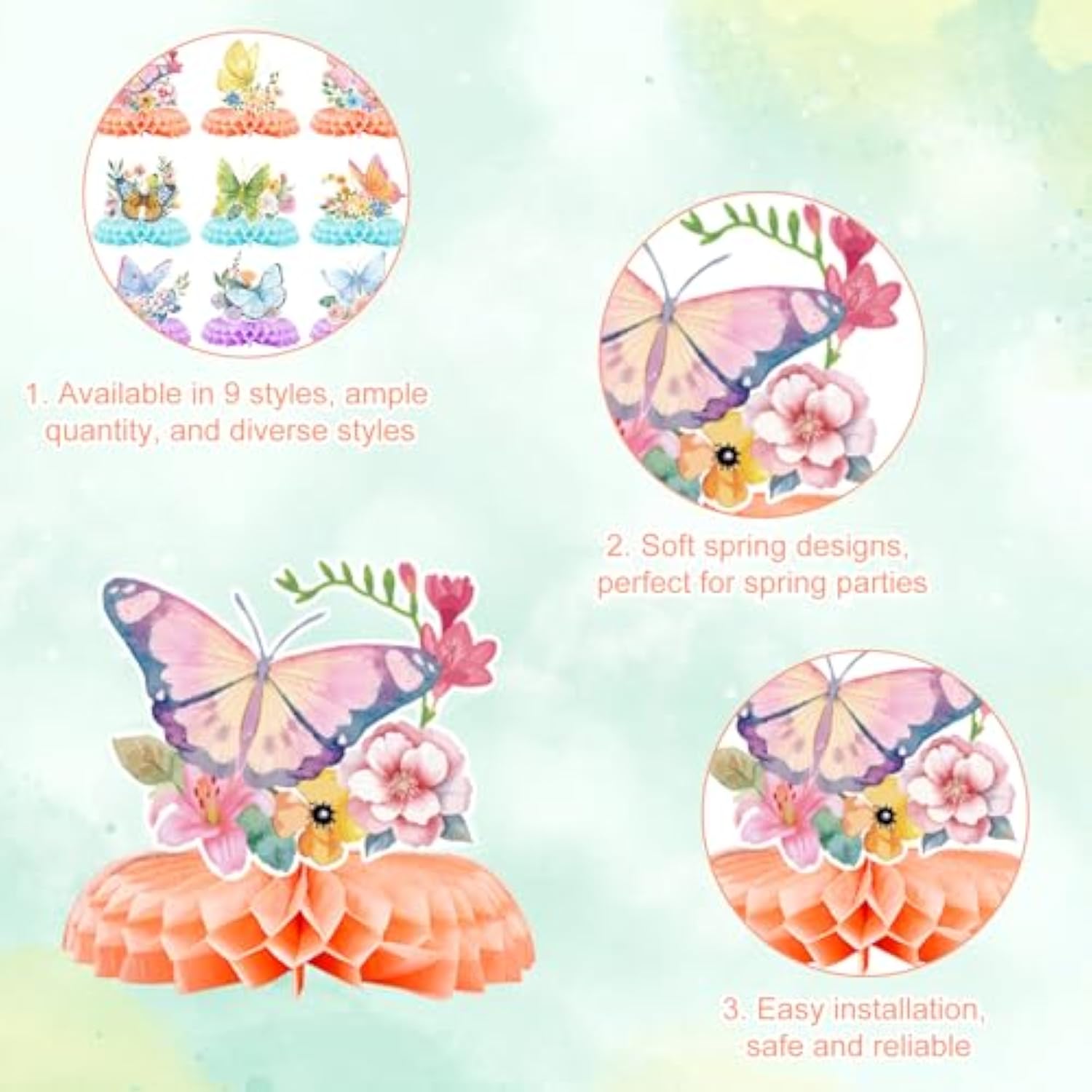 9Pcs Spring Honeycomb Table Centerpieces, Butterfly & Flower Design Honeycomb Center Pieces For Birthday Baby Shower Party Favors & Table Decor Supplies