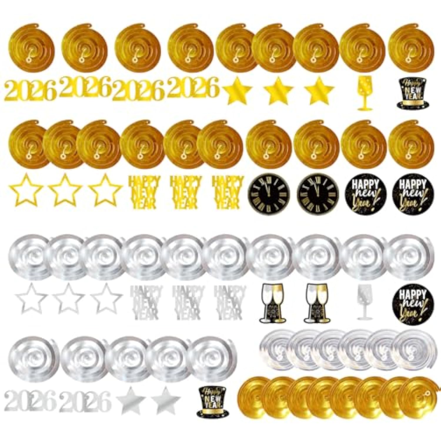 31pcs 2026 New Year Hanging Swirls & Celebration Cards Gold Black
