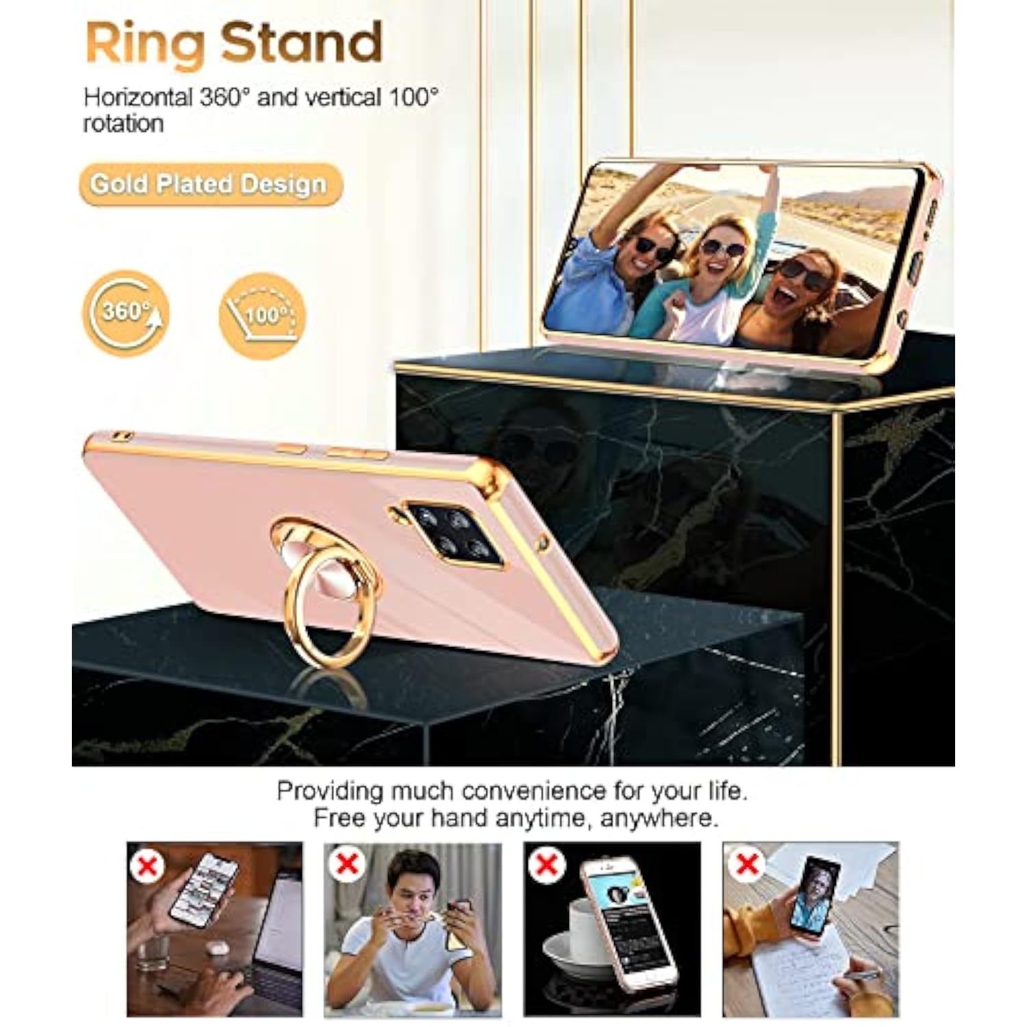 For Samsung Galaxy A42 5G Case With Tempered Glass Screen Protector [2 Pack] 360° Rotatable Ring Holder Magnetic Kickstand, Plating Rose Gold Edge Protective Case, Pink