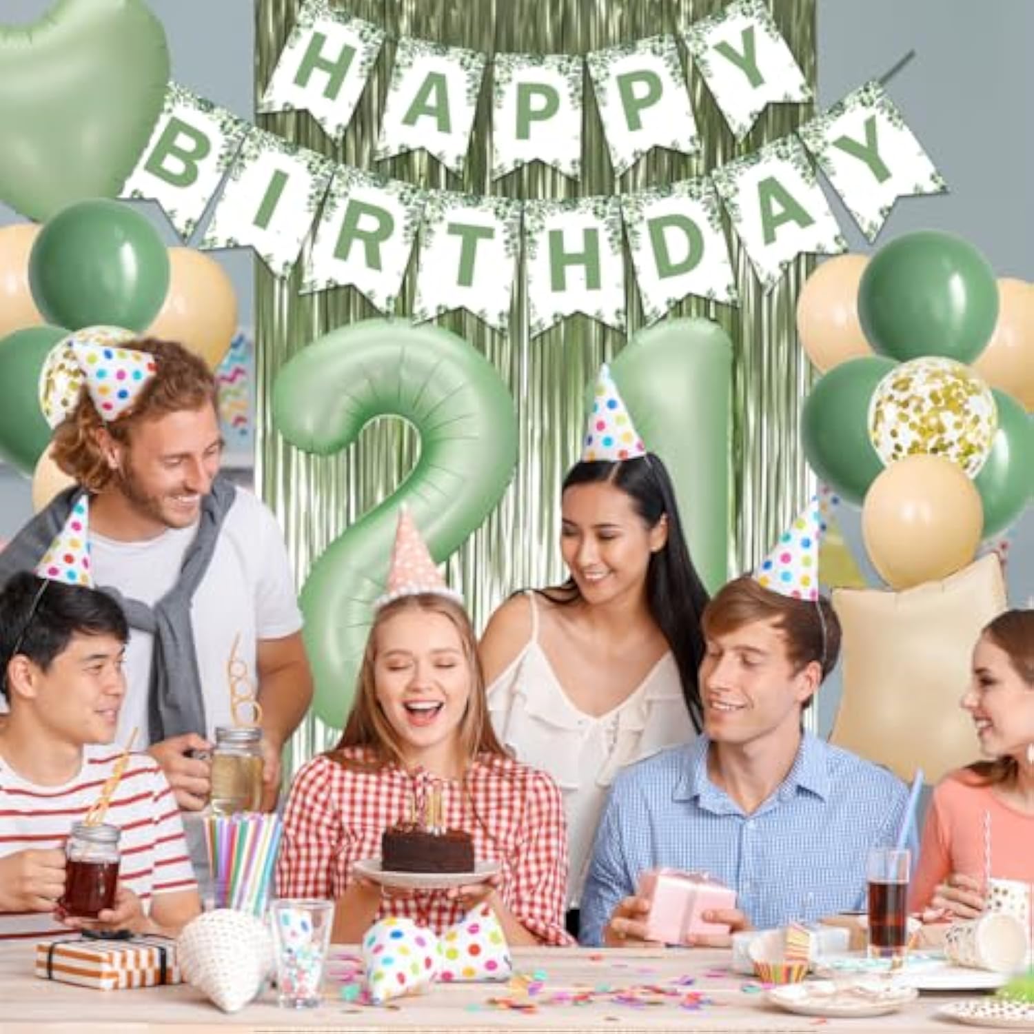 21st Birthday Decorations for Her - Sage Green Party Kit With Banner, Sash, Cake Topper, Olive Green Balloons - Birthday Gifts for Women