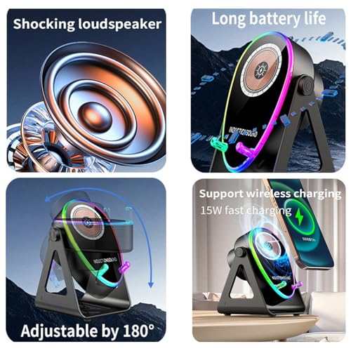 5-in-1 Wireless Induction Bluetooth Speaker with Phone Stand, Wireless Charging, 4-13" Device Fit, 1800mAh RGB Lighting Induction Speaker for Men