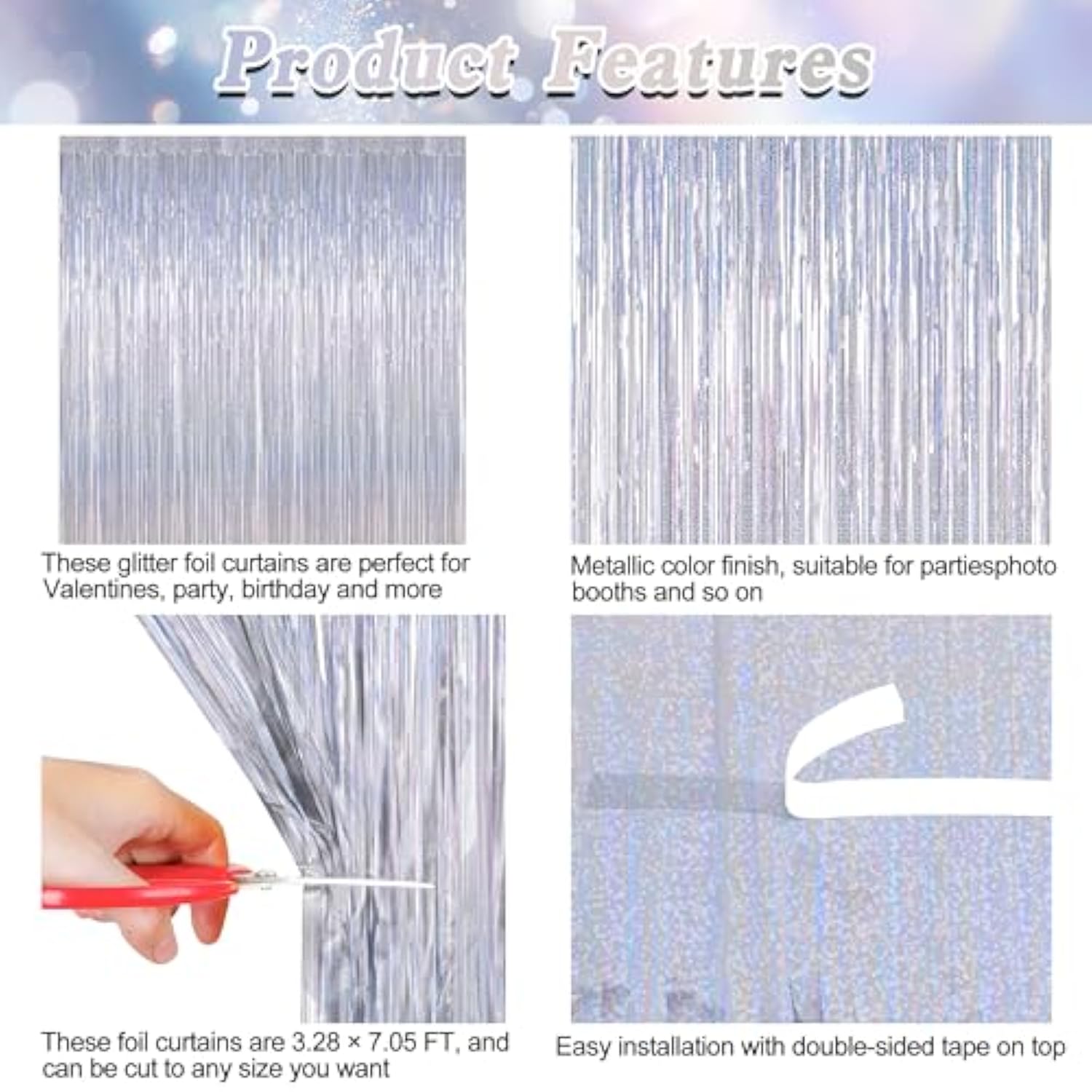 2 Pack Silver Metallic Tinsel Foil Curtains, 3.28 Ft X 7.05 Ft Glitter Silver Fringe Curtains, New Year Door Streamer Tinsel Backdrop Photo Booth For Nye Party Birthday Engagement Party Decorations