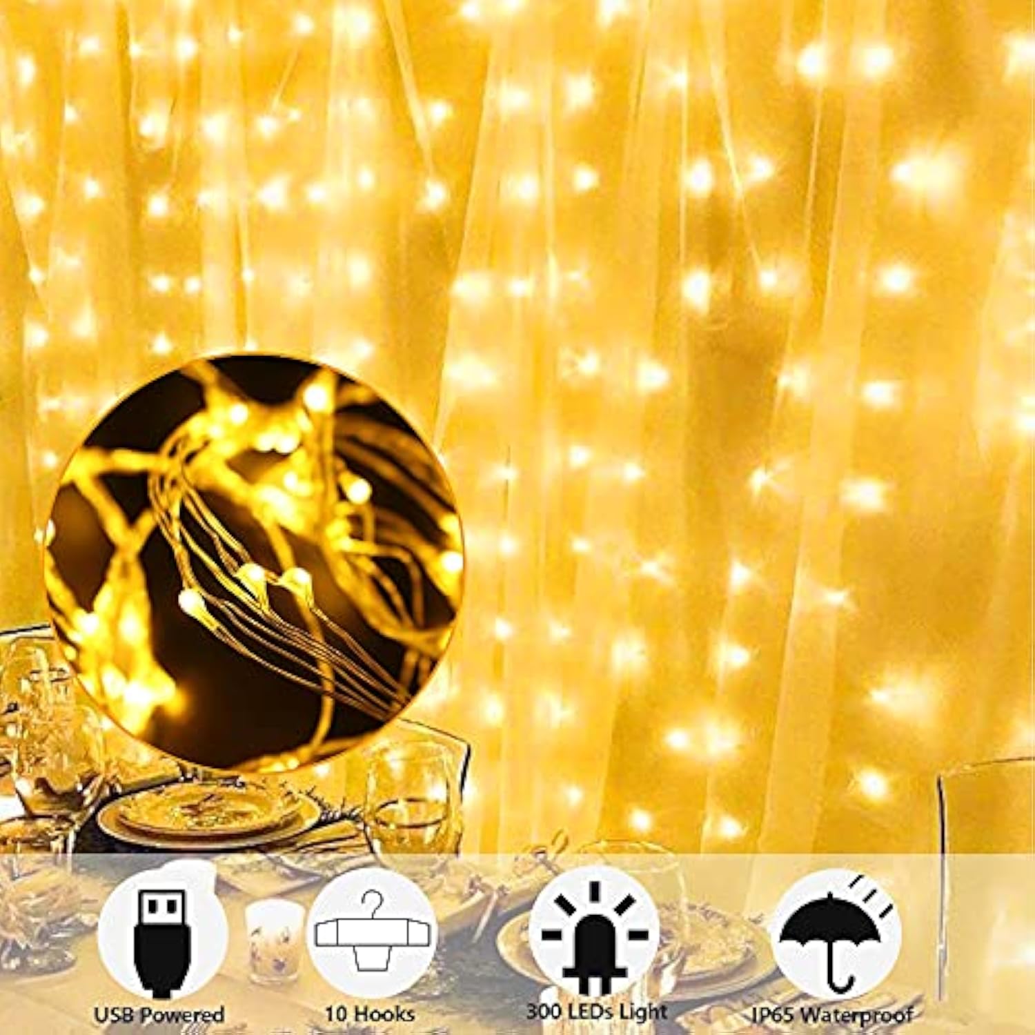 Window Curtain String Lights, 300 Led 8 Lighting Modes Fairy Copper Light With Remote, Usb Powered For Christmas Party W