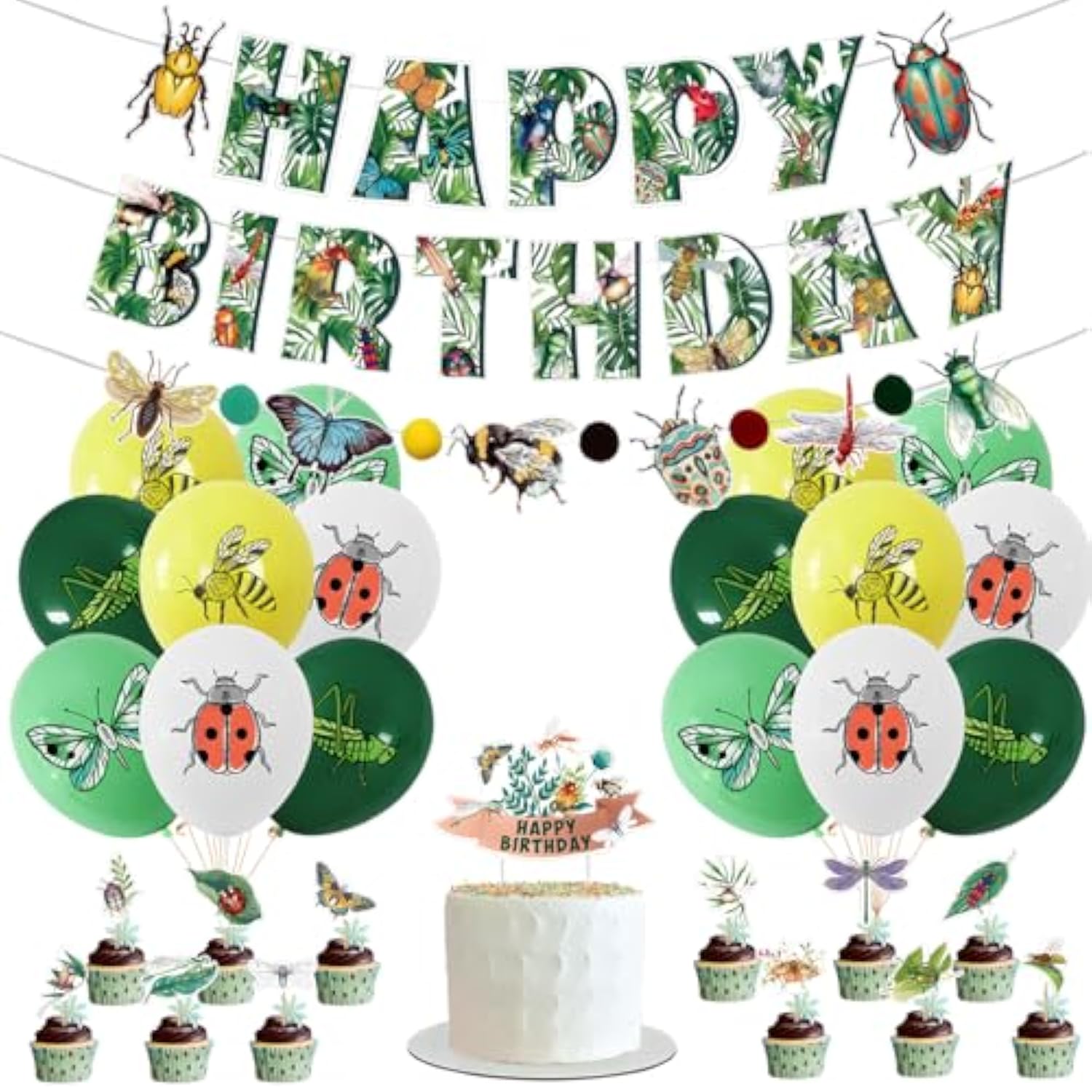 Bugs Birthday Party Supplies,Bugs Happy Birthday Banner, Balloon,Cake Topper And Cupcake Toppers,Bugs Theme Birthday Party Decorations