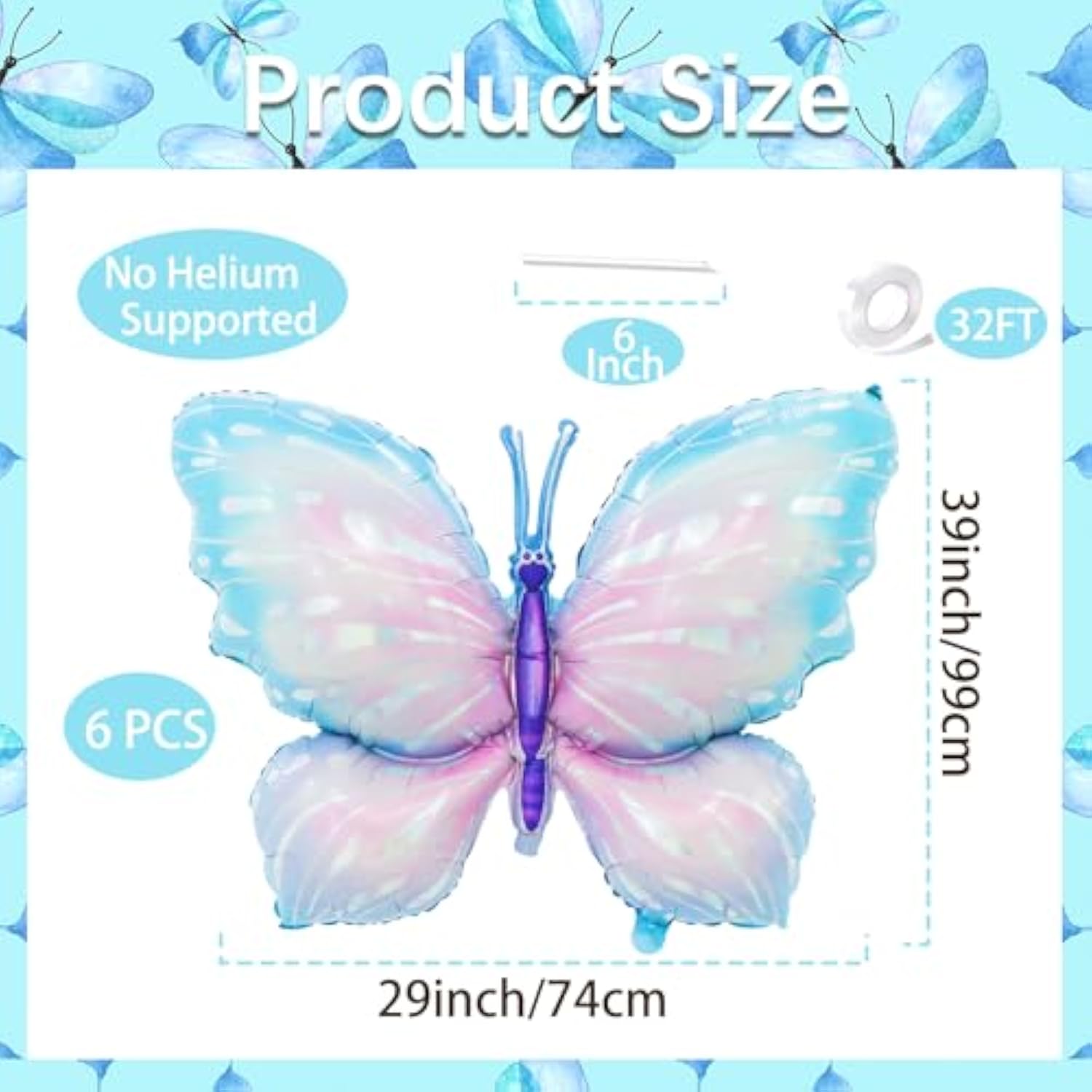 6 Pieces 39 Inches Blue Butterfly Balloons – Large Gradient Butterflies Foil Mylar Balloons For Birthdays, Garden, Spring Decorations, Butterfly-Themed Events, Baby Shower, And Wedding Party Supplies