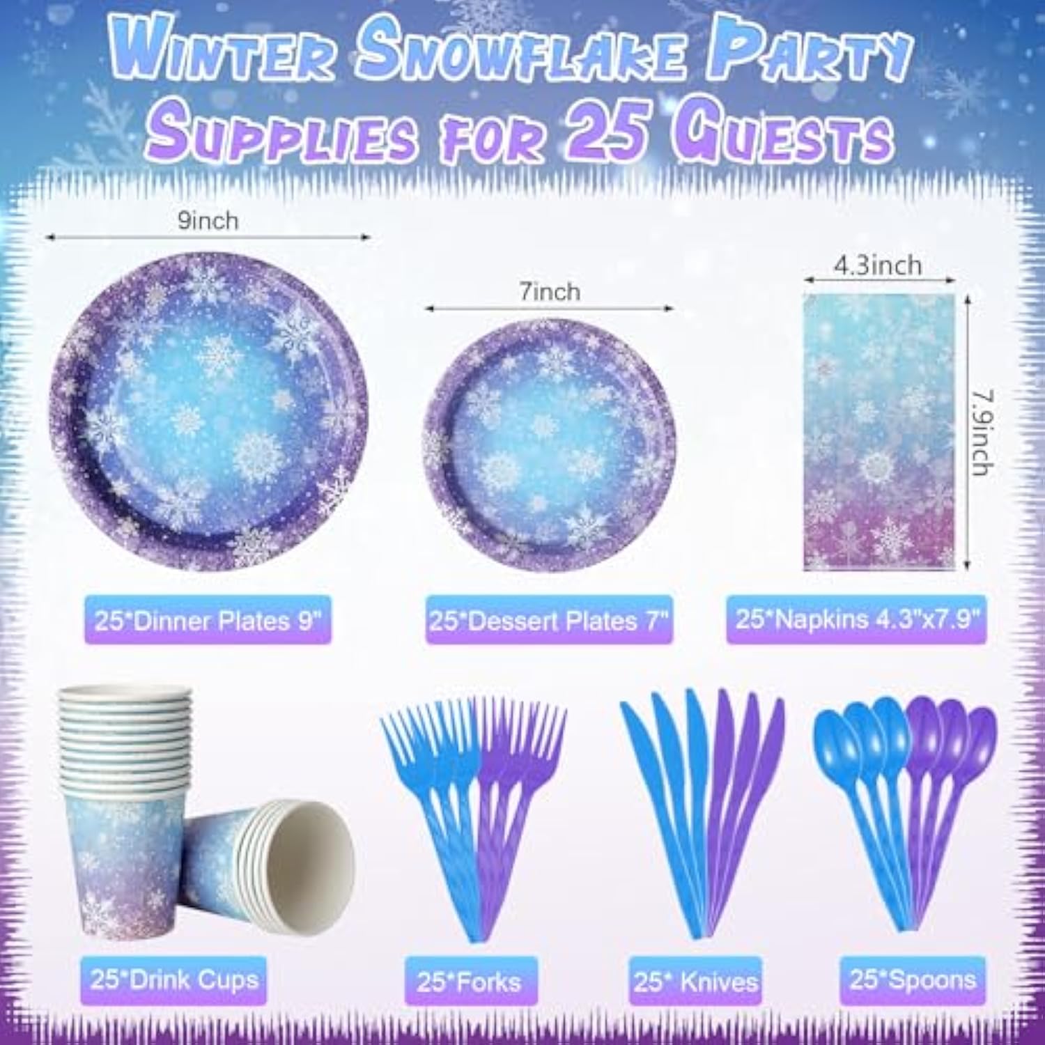 Winter Snowflake Paper Plates And Napkins Set, Blue And Purple Snowflake Winter Wonderland Disposable Tableware For Christmas Winter Holiday New Year Birthday Party Supplies Decorations, Serve 25